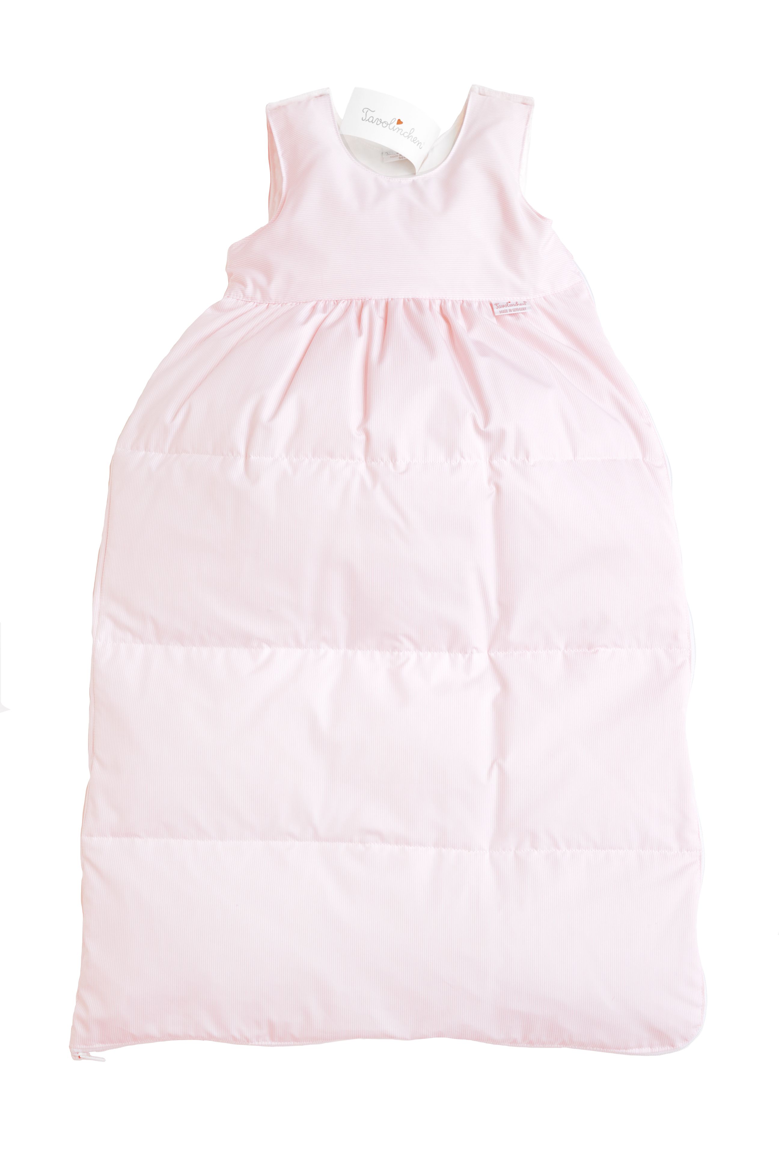 Gigoteuse rose. Coutures matelassées, bordure blanche. Étiquette au col. Petit logo.