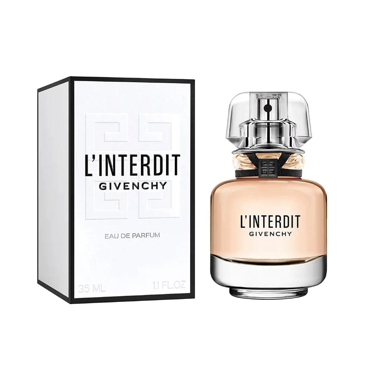Flacon de parfum avec bouchon noir et emballage blanc. Inscription: L'Interdit, Givenchy, Eau de Parfum. 35 ml.