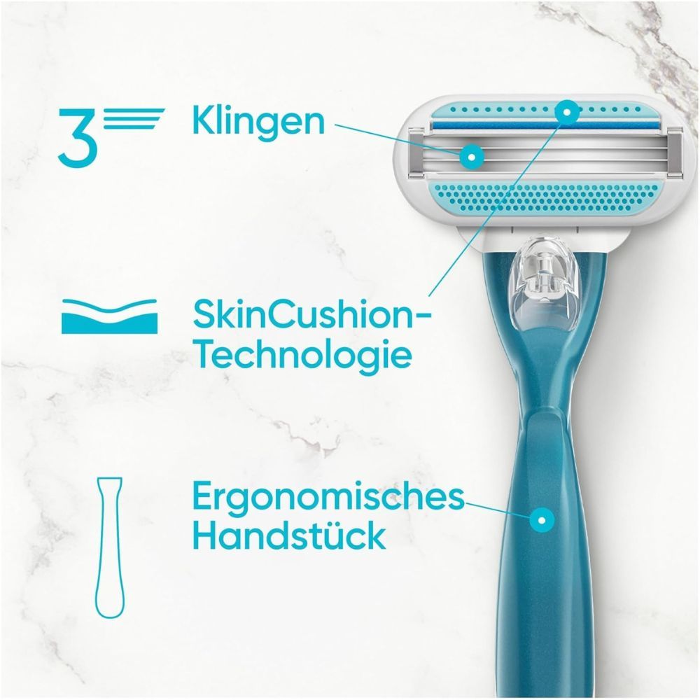 Close-up van scheermes. 3 mesjes, SkinCushion-technologie, ergonomische handgreep. Turquoise en wit.