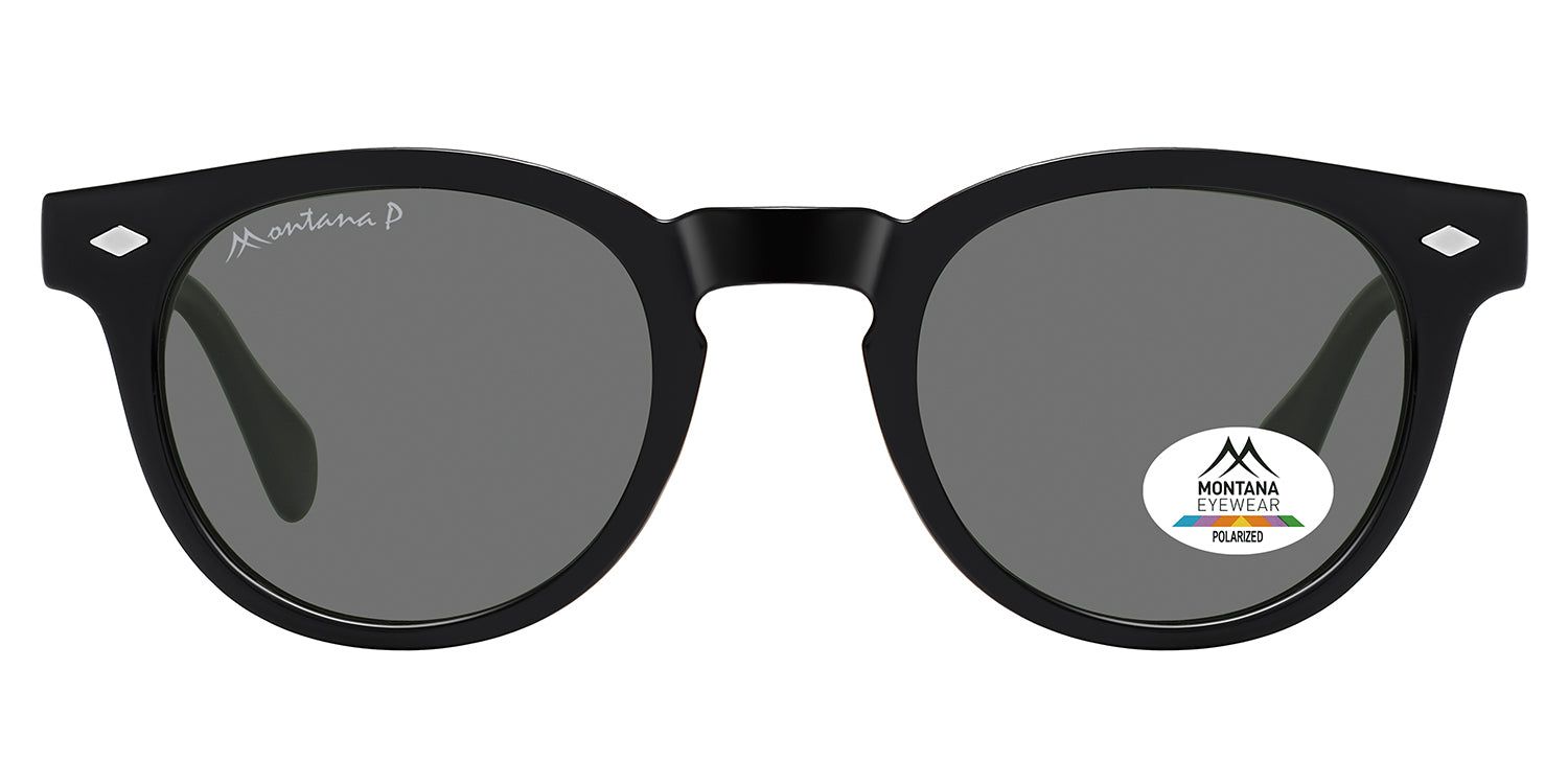 Lunettes de soleil noires avec verres ronds. Logo Montana Eyewear sur la branche. Verres polarisés. Détails en forme de diamant sur les côtés.