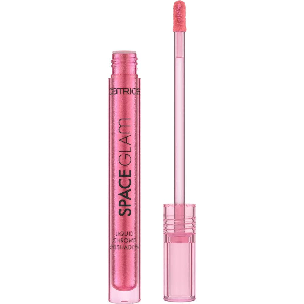 Flacon de fard à paupières liquide rose avec applicateur. Inscription : SPACE GLAM, LIQUID CHROME EYESHADOW. Bouchon et applicateur transparents.