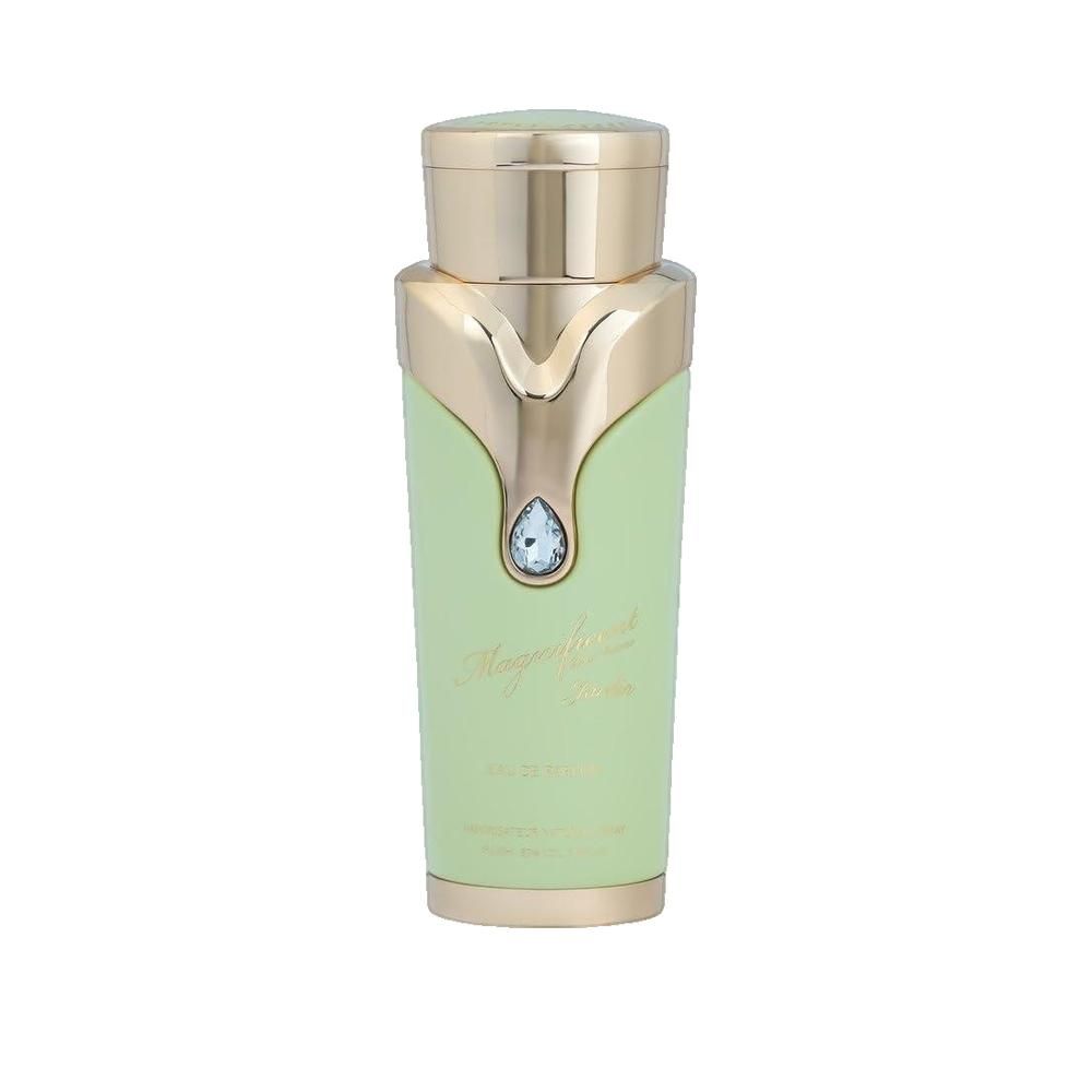 Flacon vert clair avec bouchon et garniture dorés. Pierre précieuse en forme de goutte. Inscription: Magnificent Jardin.