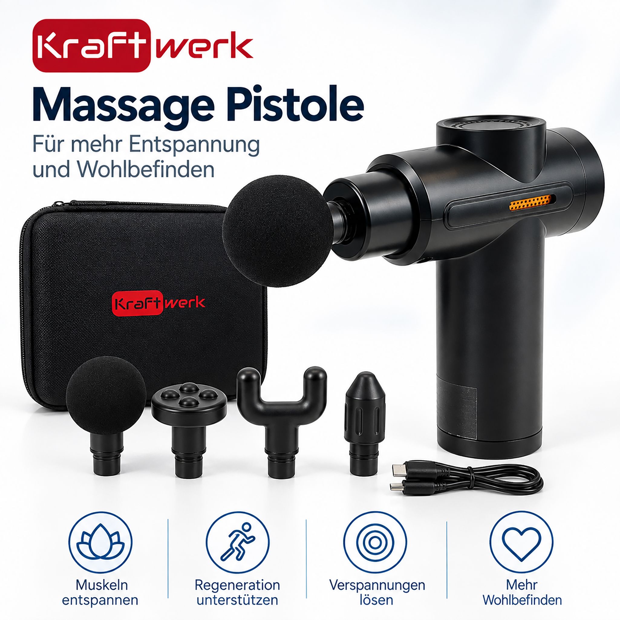 Pistolet de massage avec 4 embouts, étui et câble USB.
