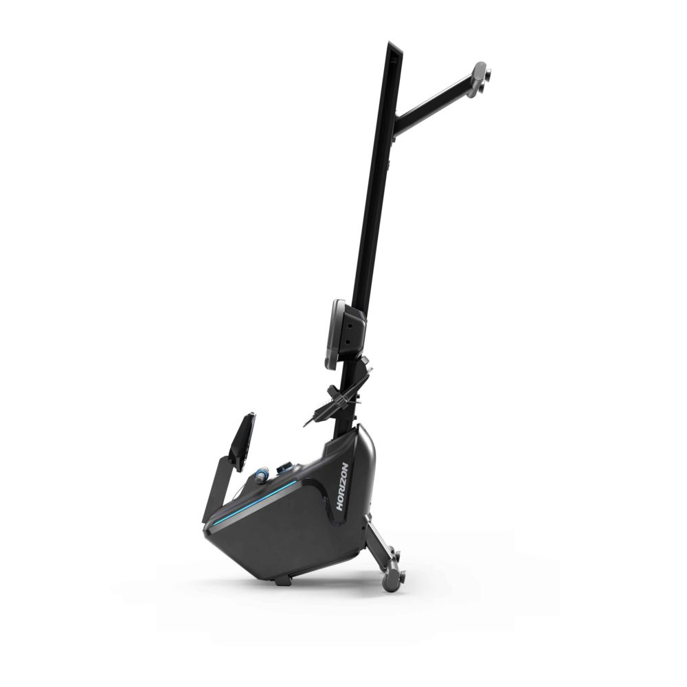 Zwarte roeimachine, gedeeltelijk opgevouwen. Horizon Fitness Oxford 6. Zitting, console en voetsteunen zichtbaar.