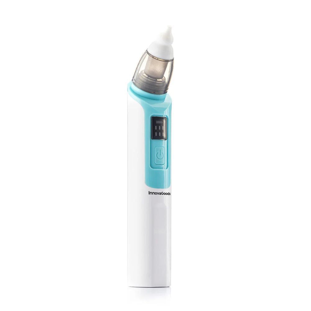 Wit-blauwe neusaspirator. Een display en een knop zijn zichtbaar. InnovaGoods-logo. Rechtopstaand.