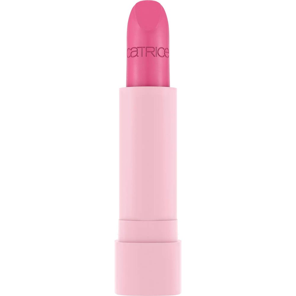 Roze lipstick in roze huls. Opschrift 'catrice' op de lipstick.