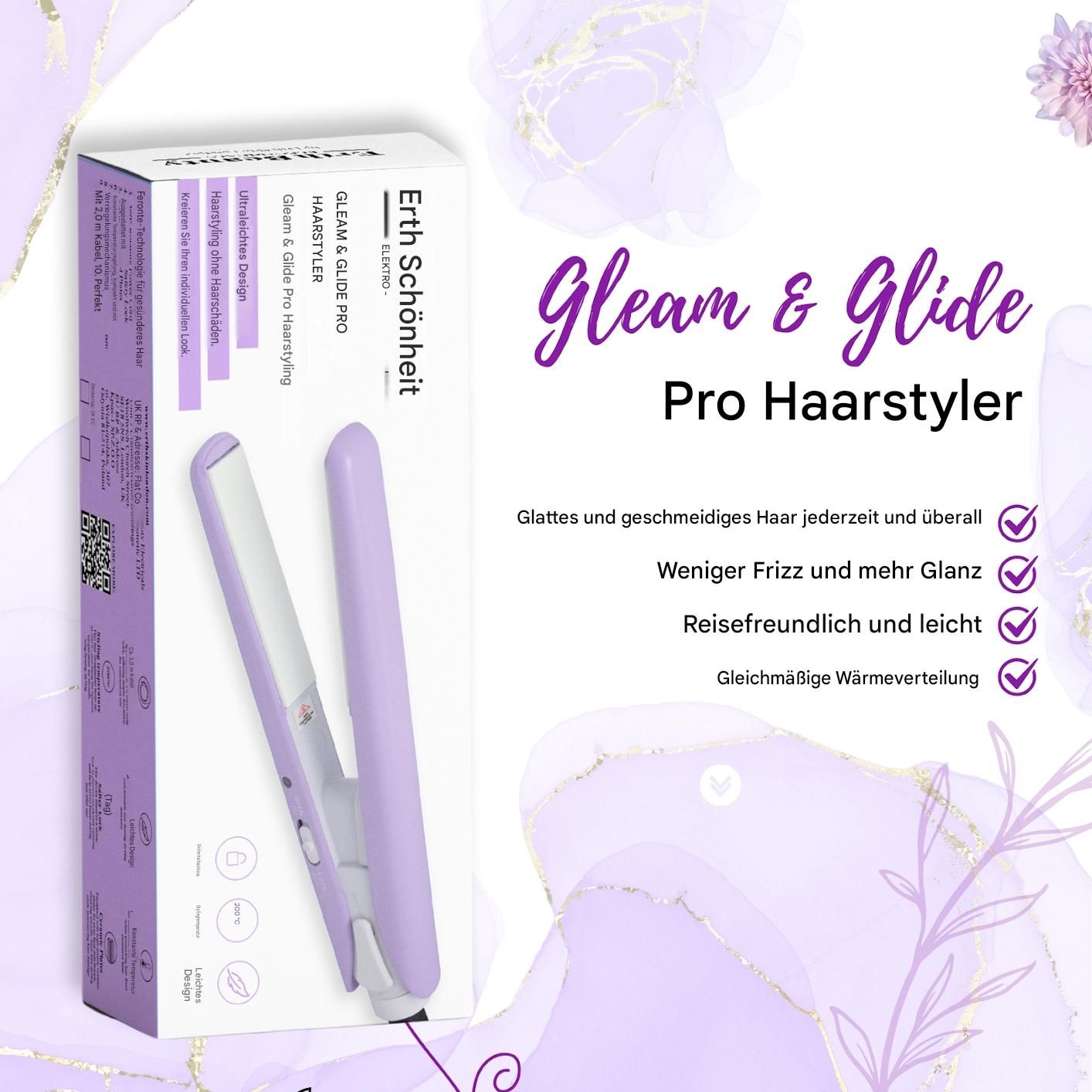 Paarse stijltang en verpakking, Erth Schönheir Gleam & Glide Pro Haarstyler.