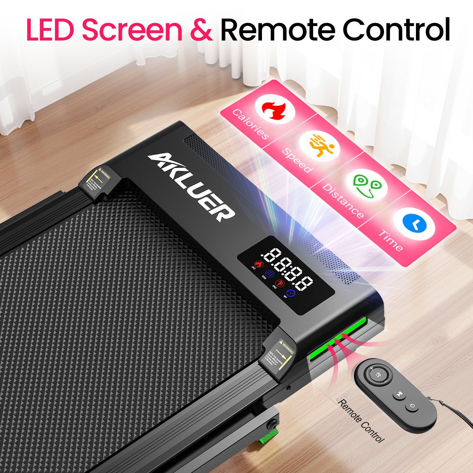 Tapis roulant avec écran LED et télécommande pour calories, vitesse, distance, temps.