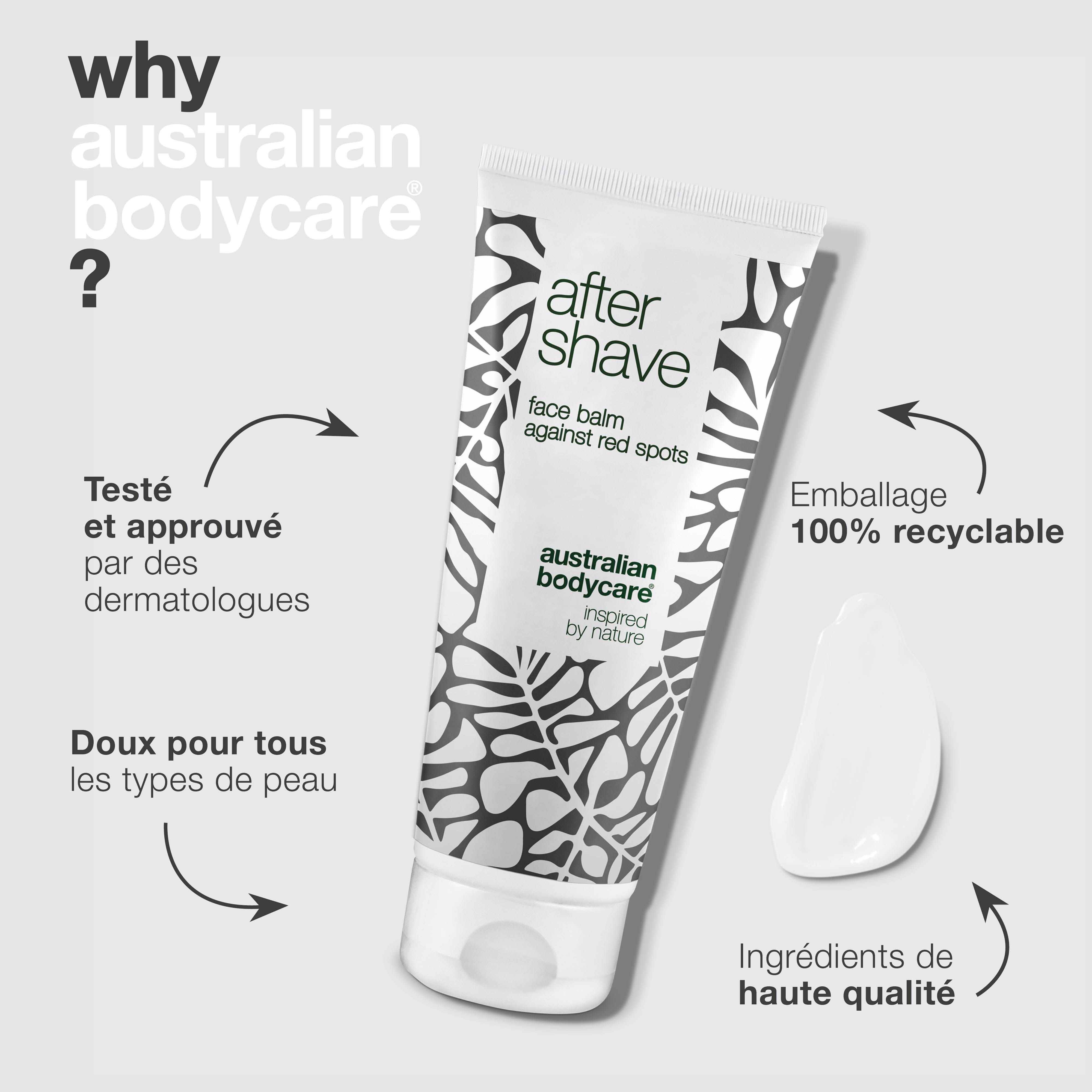Tube de baume après-rasage et goutte. Texte: After Shave, face balm against red spots, Australian Bodycare. Flèches: testé dermatologiquement, emballage recyclable.