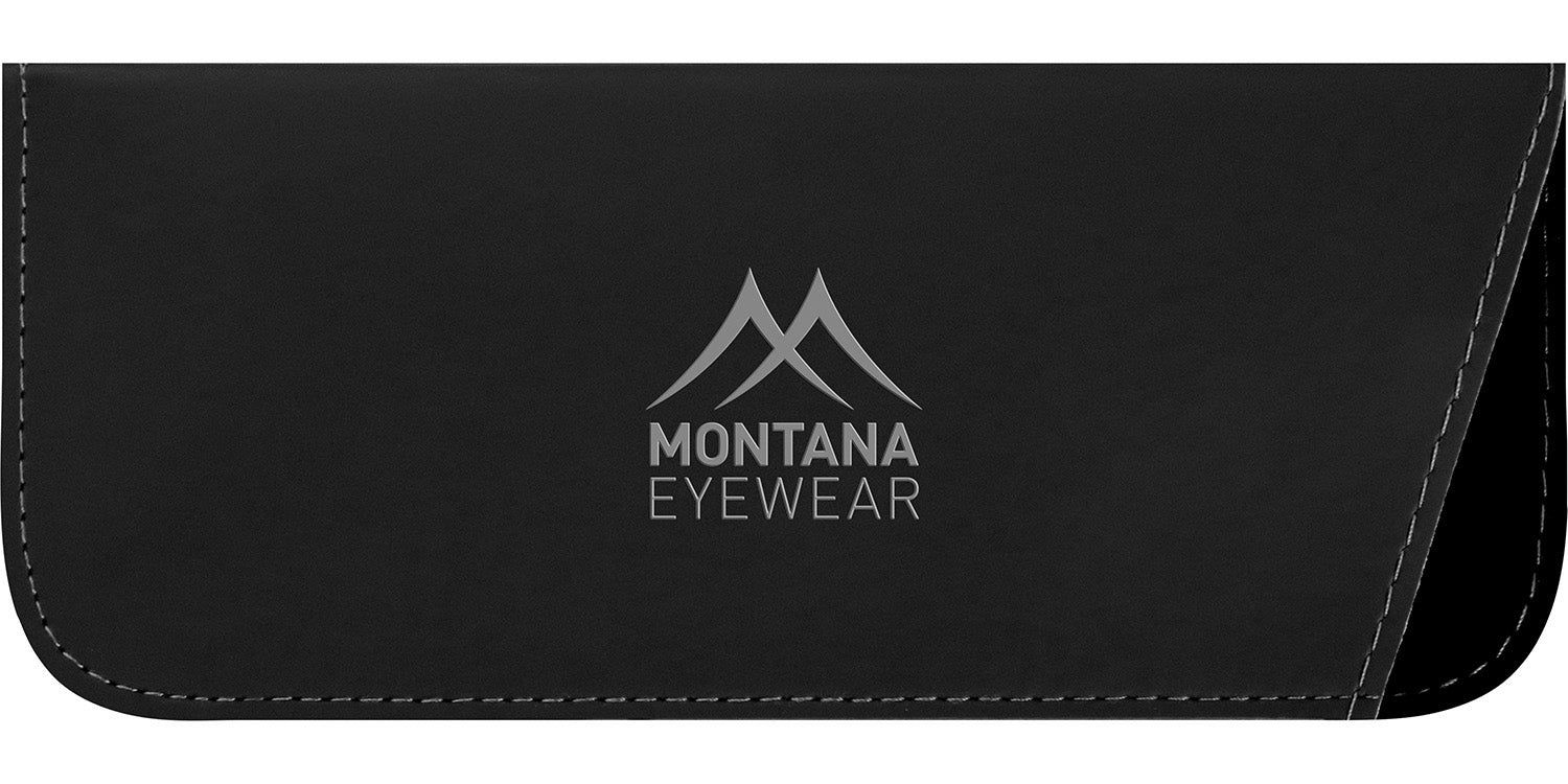 Zwarte brillenkoker met zilveren Montana Eyewear logo. Rechthoekige vorm, naaddetails, zwarte en grijze vlakken.