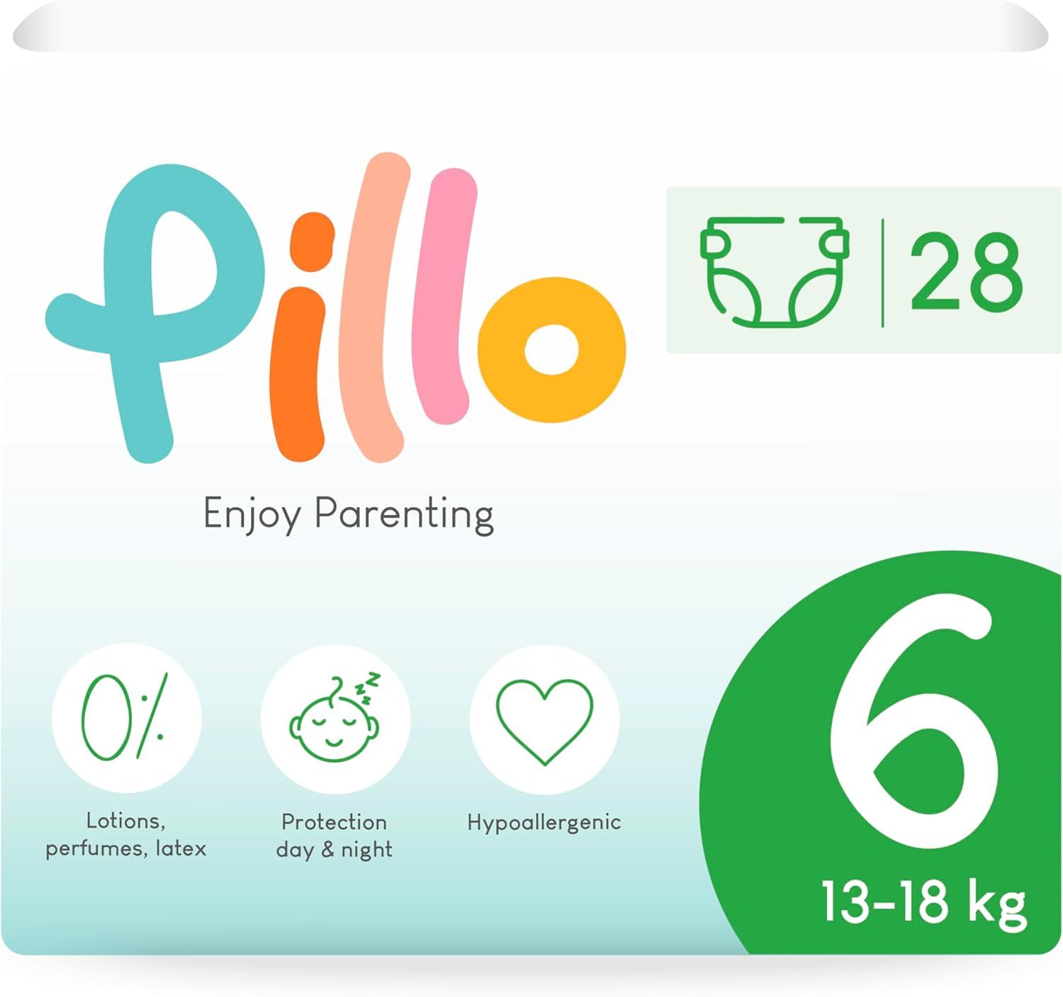 Verpakking Pillo luiers, maat 6, 13-18 kg. Logo's: 0% lotions, parfums, latex, bescherming dag en nacht, hypoallergeen.
