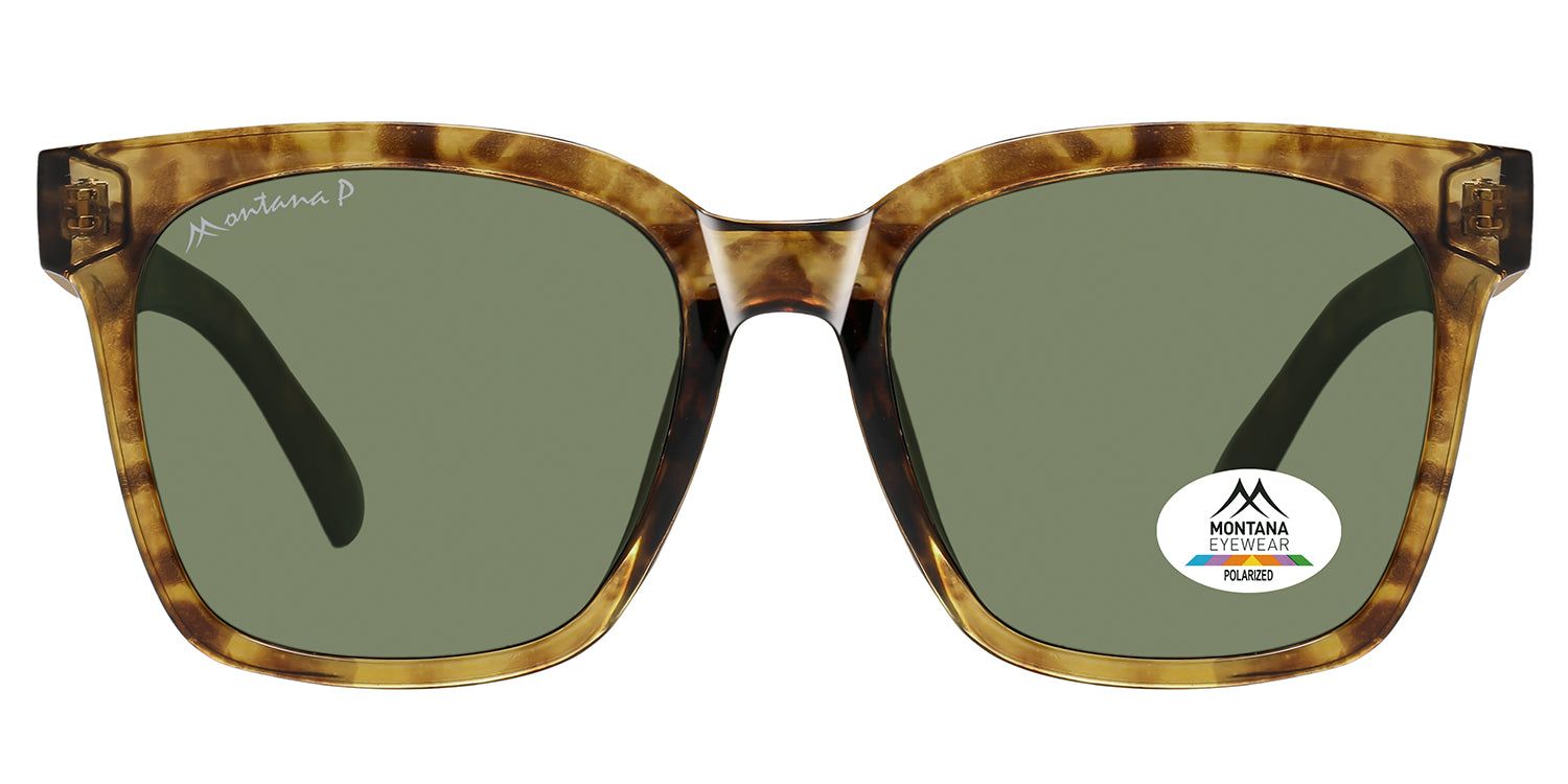 Lunettes de soleil marron et verres verts. Logo Montana Eyewear sur la lentille et la branche. Polarisées.