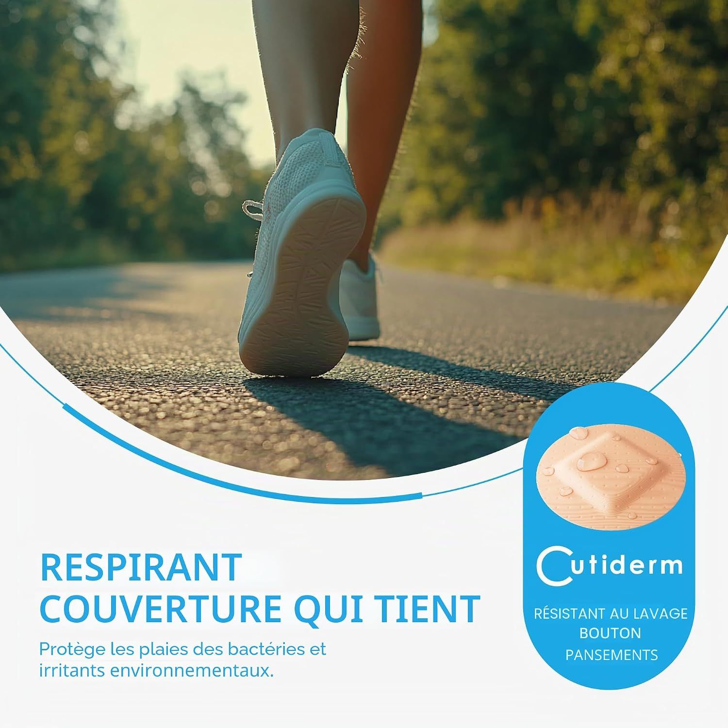 Un pansement Cutiderm avec des gouttes d'eau, respirant et résistant au lavage.