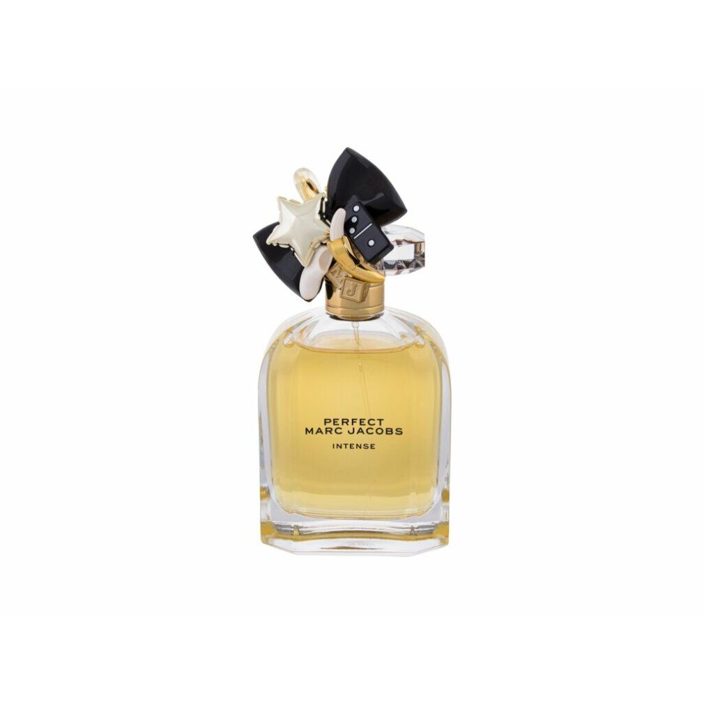 Flacon de parfum avec liquide jaune, nœud noir et décoration étoile. Inscription: PERFECT MARC JACOBS INTENSE.