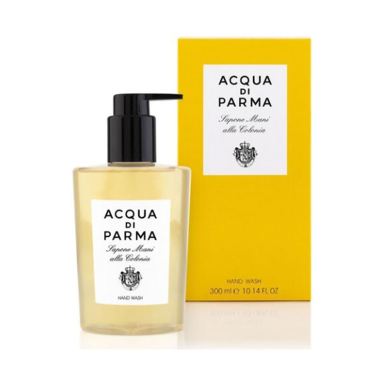 Vloeibare zeep met pomp en gele verpakking. Opschrift: ACQUA DI PARMA, Sapone Mani alla Colonia, Hand Wash.