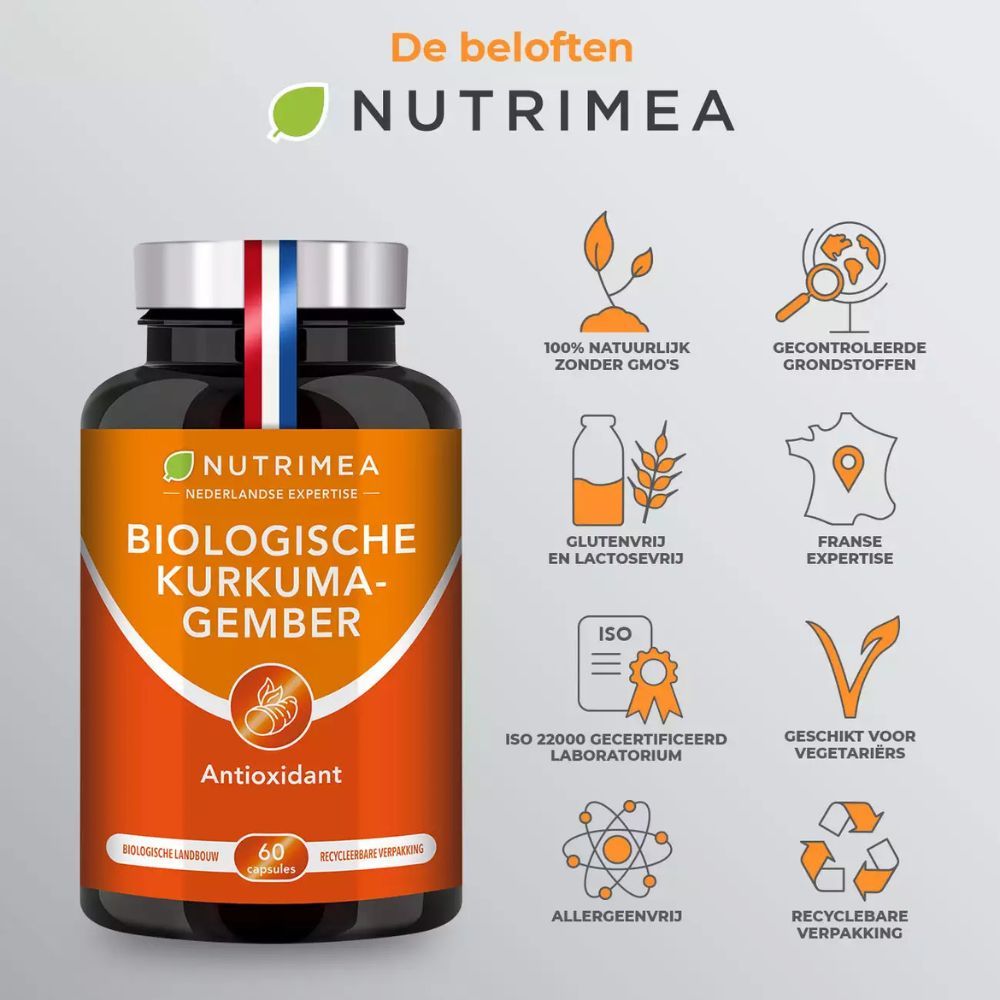 Bruine fles met capsules. Opschrift: BIOLOGISCHE KURKUMA-GEMBER, Antioxidant, 60 capsules. Iconen: GGO-vrij, laboratorium, etc.