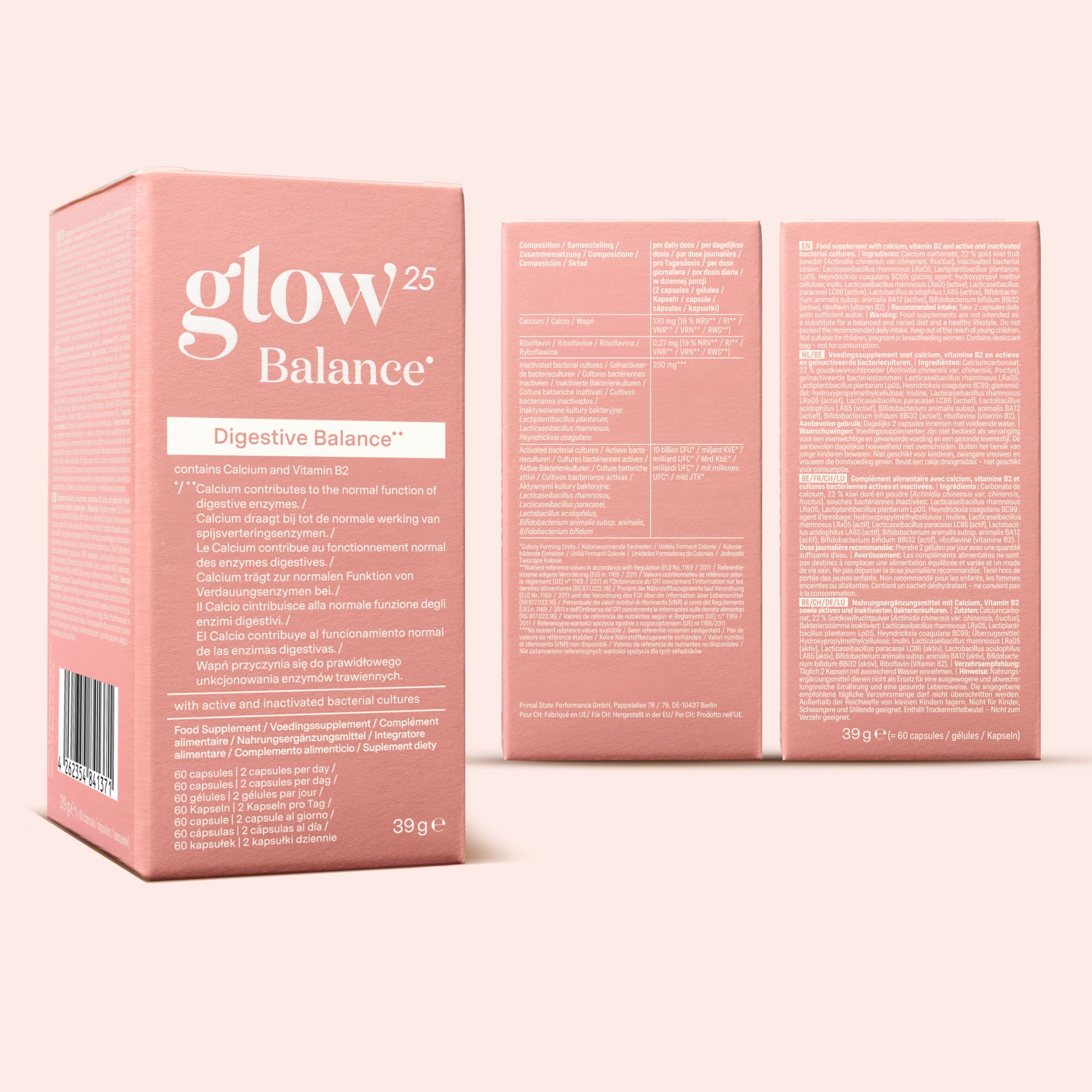Emballage Glow25 Balance Digestive Balance. Contient du calcium et de la vitamine B2.