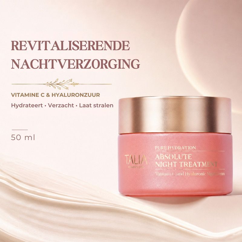 Een pot Talia Absolute Night Treatment met Vitamine C & Hyaluronzuur. Iconen tonen Vitamine C ter ondersteuning van de huid, Hyaluronzuur voor hydratatie en Squalane voor soepelheid.