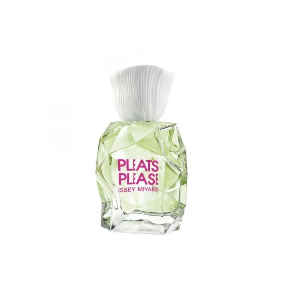 Flacon de parfum vert avec bouchon blanc. Inscription: PLEATS PLEASE ISSEY MIYAKE.