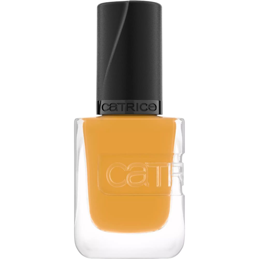 Flacon de vernis à ongles avec contenu jaune. Bouchon noir avec inscription Catrice. Forme carrée.