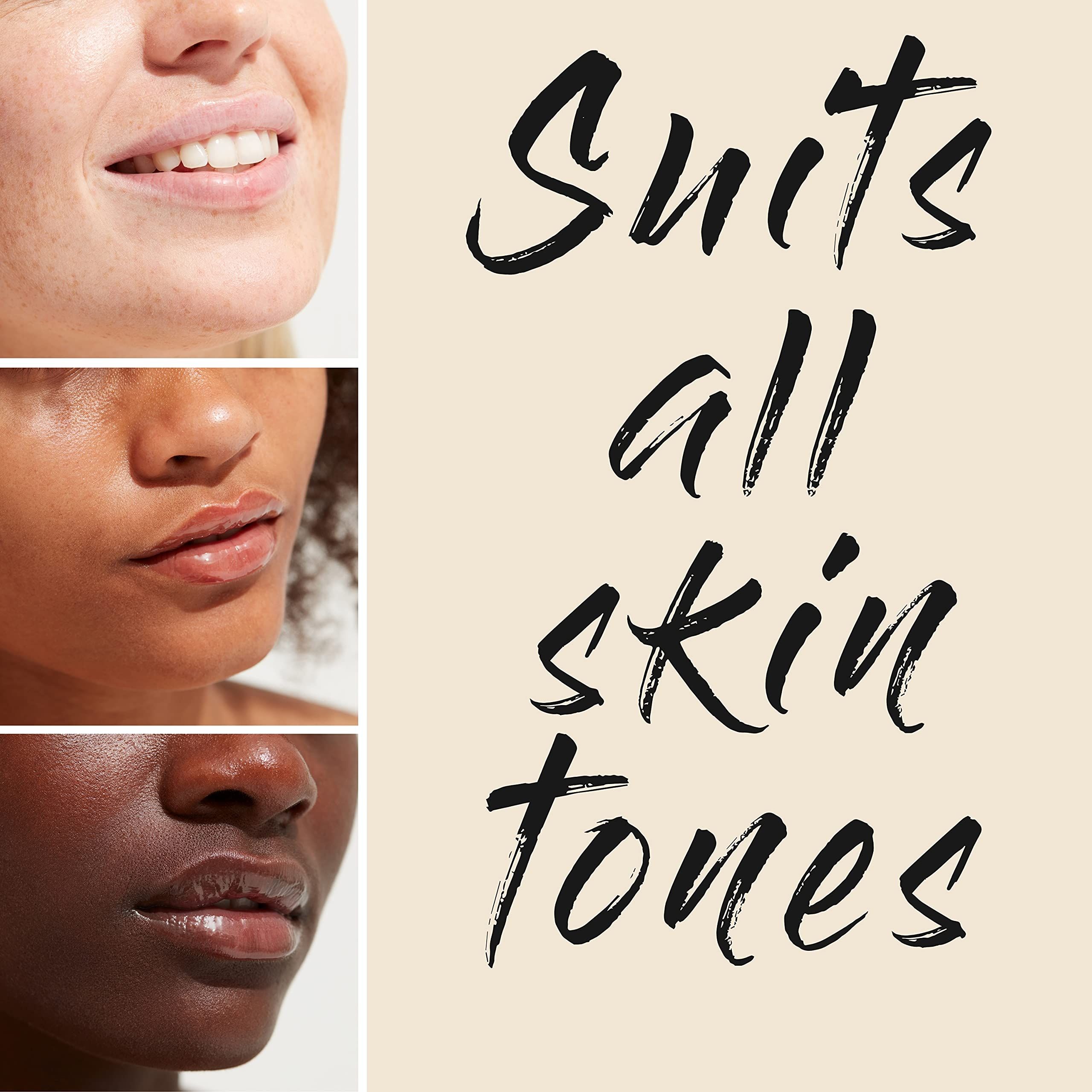 Collage de trois visages. Texte: Suits all skin tones.