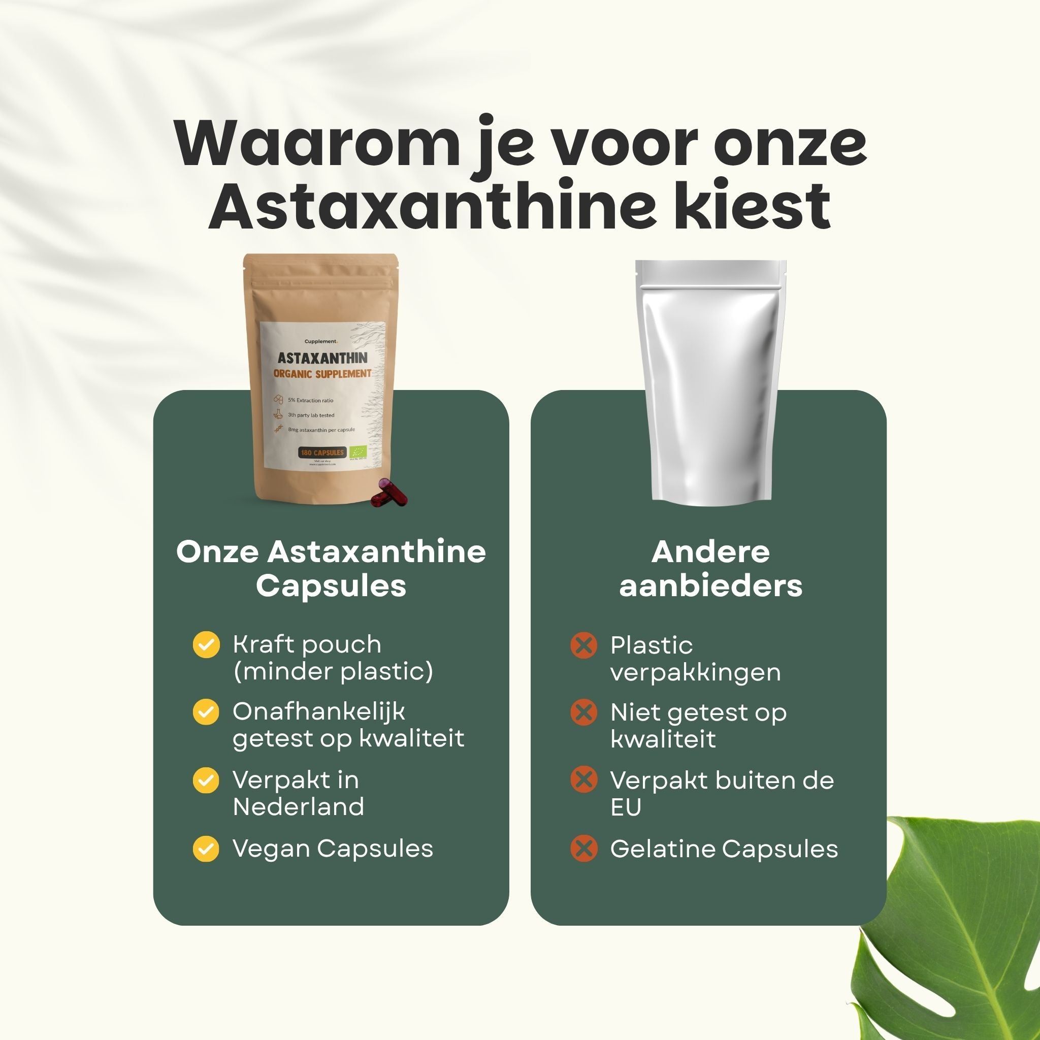 Vergelijking: Onze Astaxanthine capsules (kraft zak, getest, Nederland) vs andere aanbieders (plastic, niet getest).