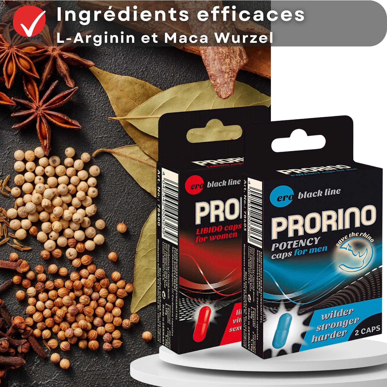 Deux boîtes Prorino. Texte : Ingrédients efficaces L-Arginine et Maca Wurzel. Fond : épices et herbes.