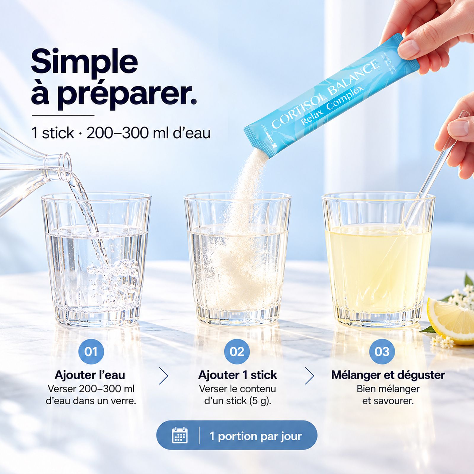 Préparation de poudre Cortisol Balance : eau, stick, mélanger et déguster.