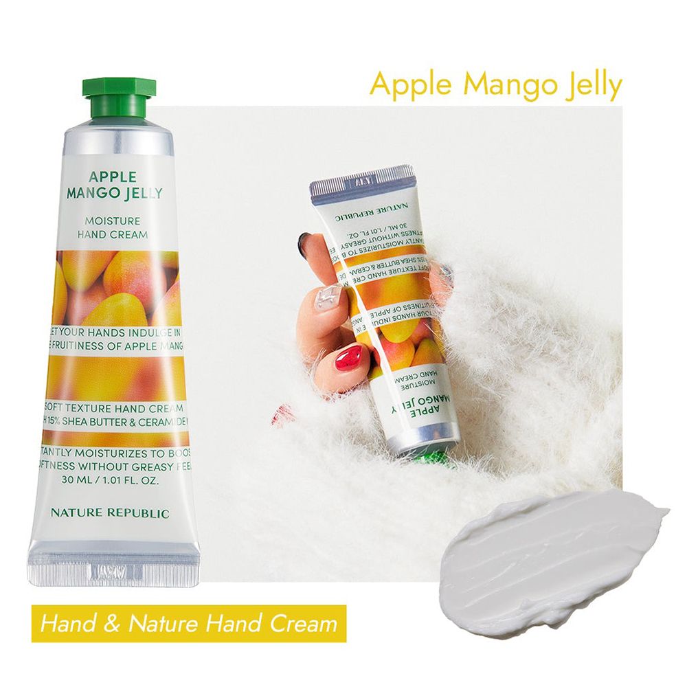 Tube de crème pour les mains Apple Mango Jelly. Logo et illustration de mangues. Échantillon de crème à côté.