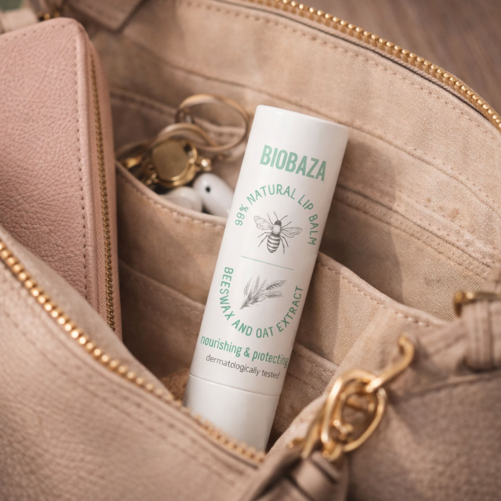 Bâton de baume à lèvres blanc dans un sac à main marron clair. Le bâton porte l'inscription "BIOBAZA", "99% NATURAL LIP BALM" et "BEESWAX AND OAT EXTRACT".