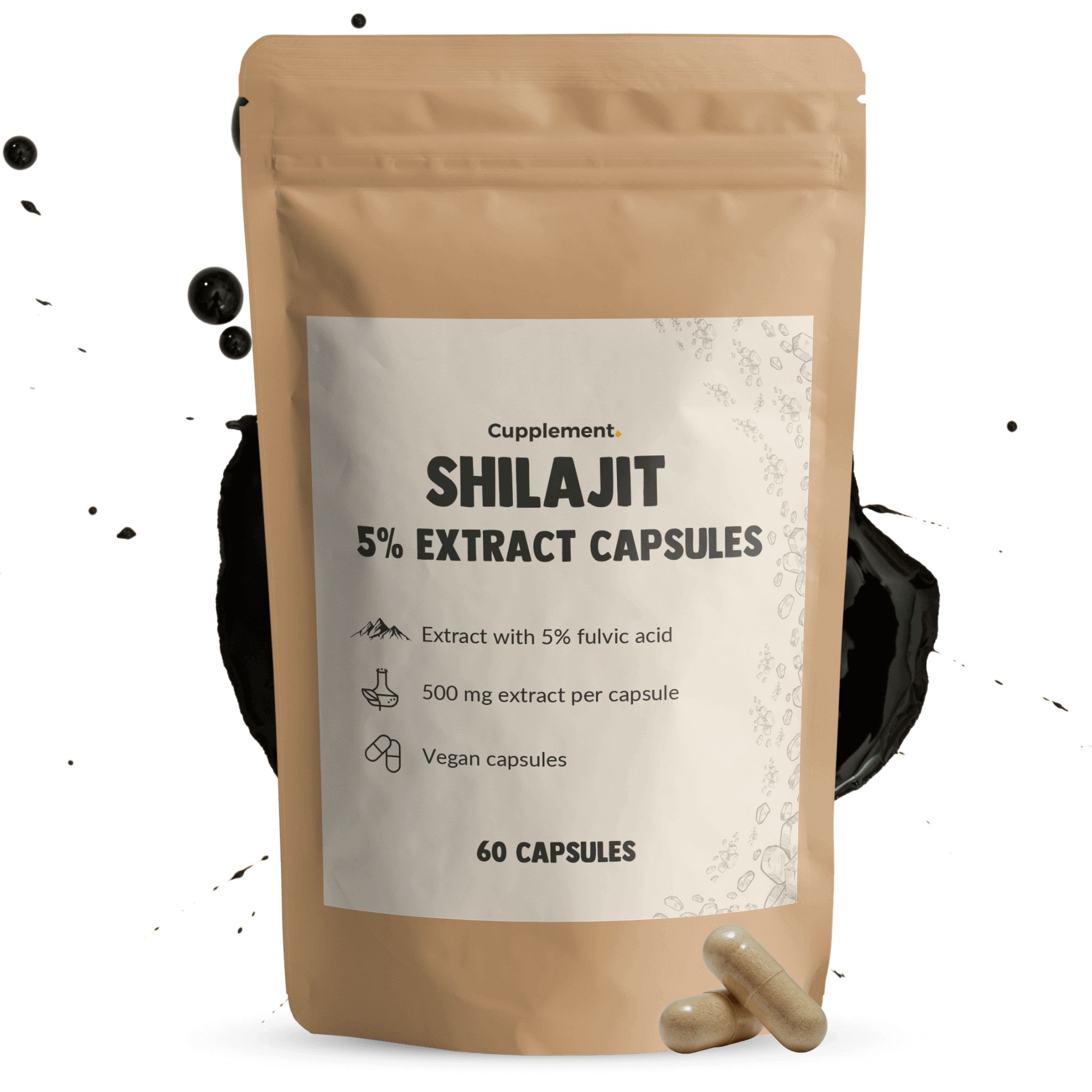 Sachet beige avec impression produit et deux gélules. Texte : Cupplement Shilajit 5% Extract Capsules, 500 mg, 60 capsules.