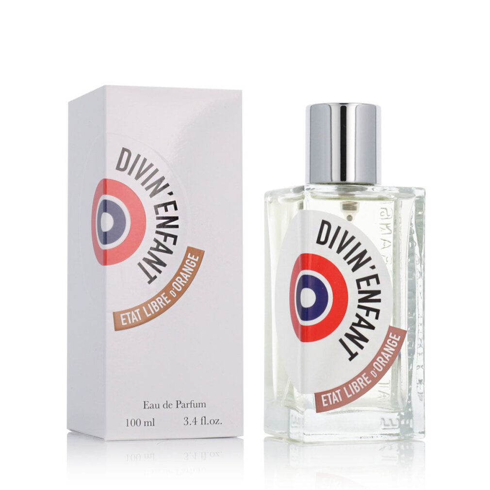 Parfumfles en verpakking. Fles met zilveren dop, heldere vloeistof. Witte verpakking met logo en tekst.