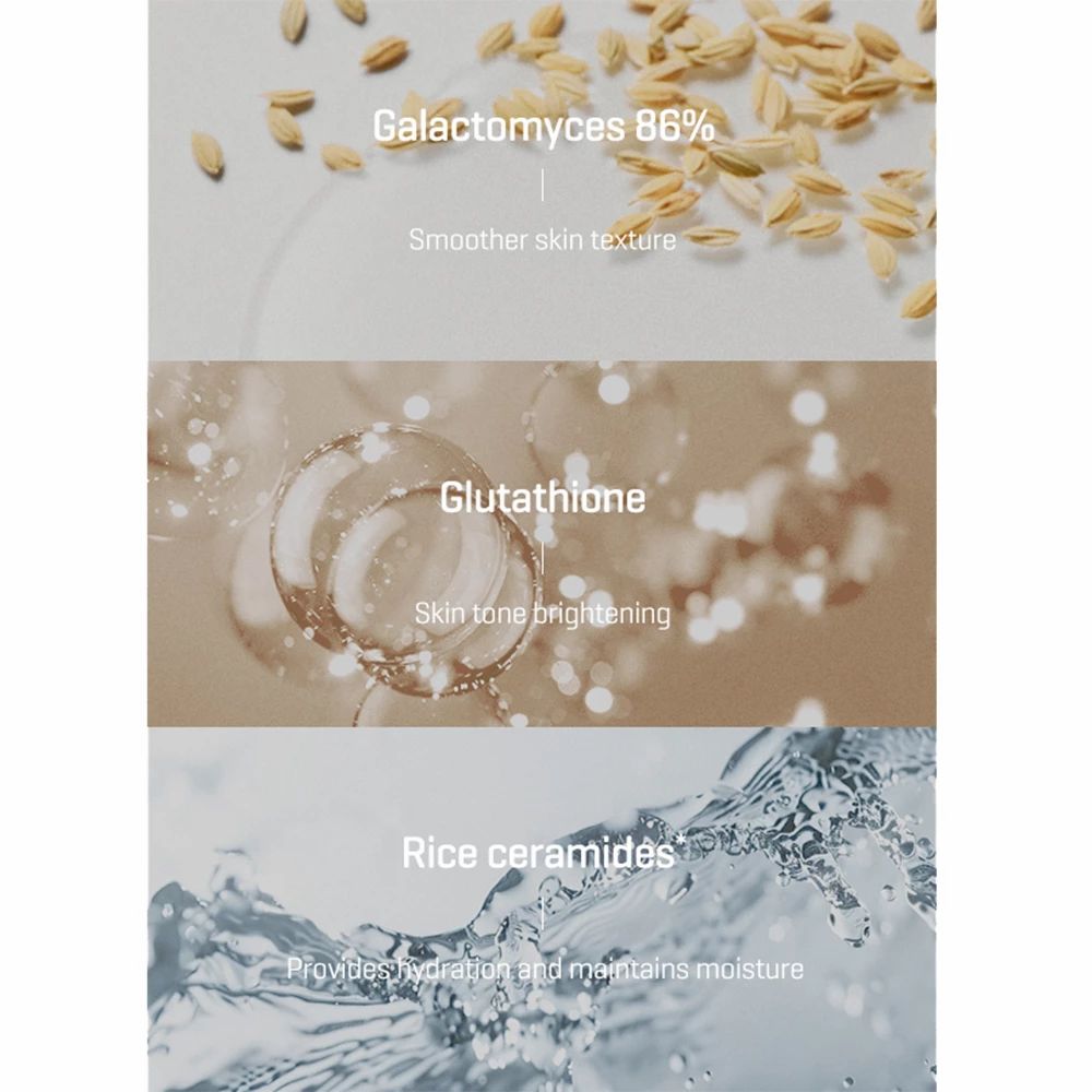 Drie elementen: Galactomyces 86%, Glutathion, Rijstceramiden. Tekst: huidtextuur, teint, hydratatie.