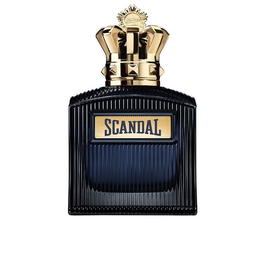 Donkerblauwe flacon met gouden kroon en "SCANDAL"-opschrift.