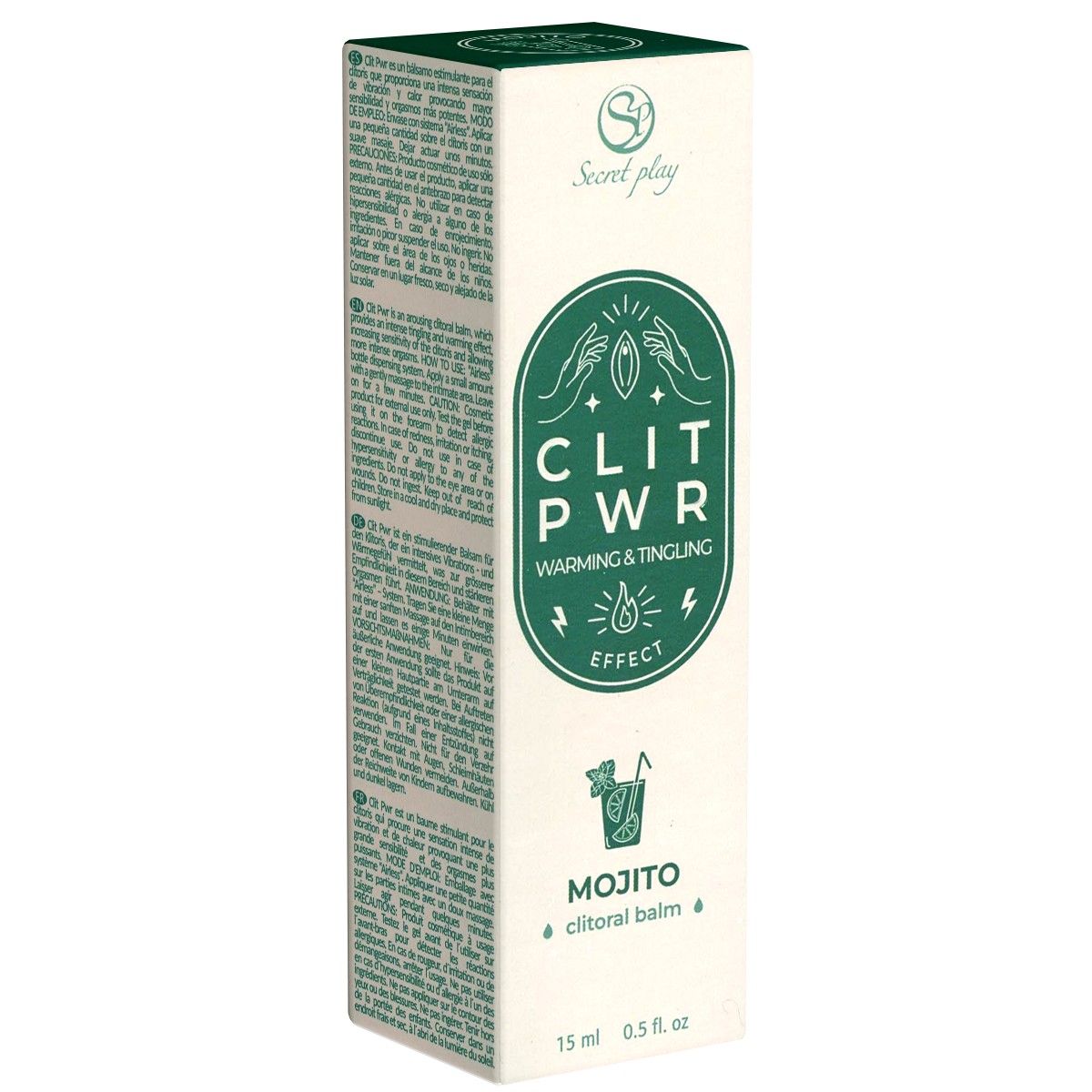 Kartonnen verpakking met CLIT PWR Mojito. Bevat 15 ml. Opschrift: Warming & Tingling Effect. Merk: Secret Play.