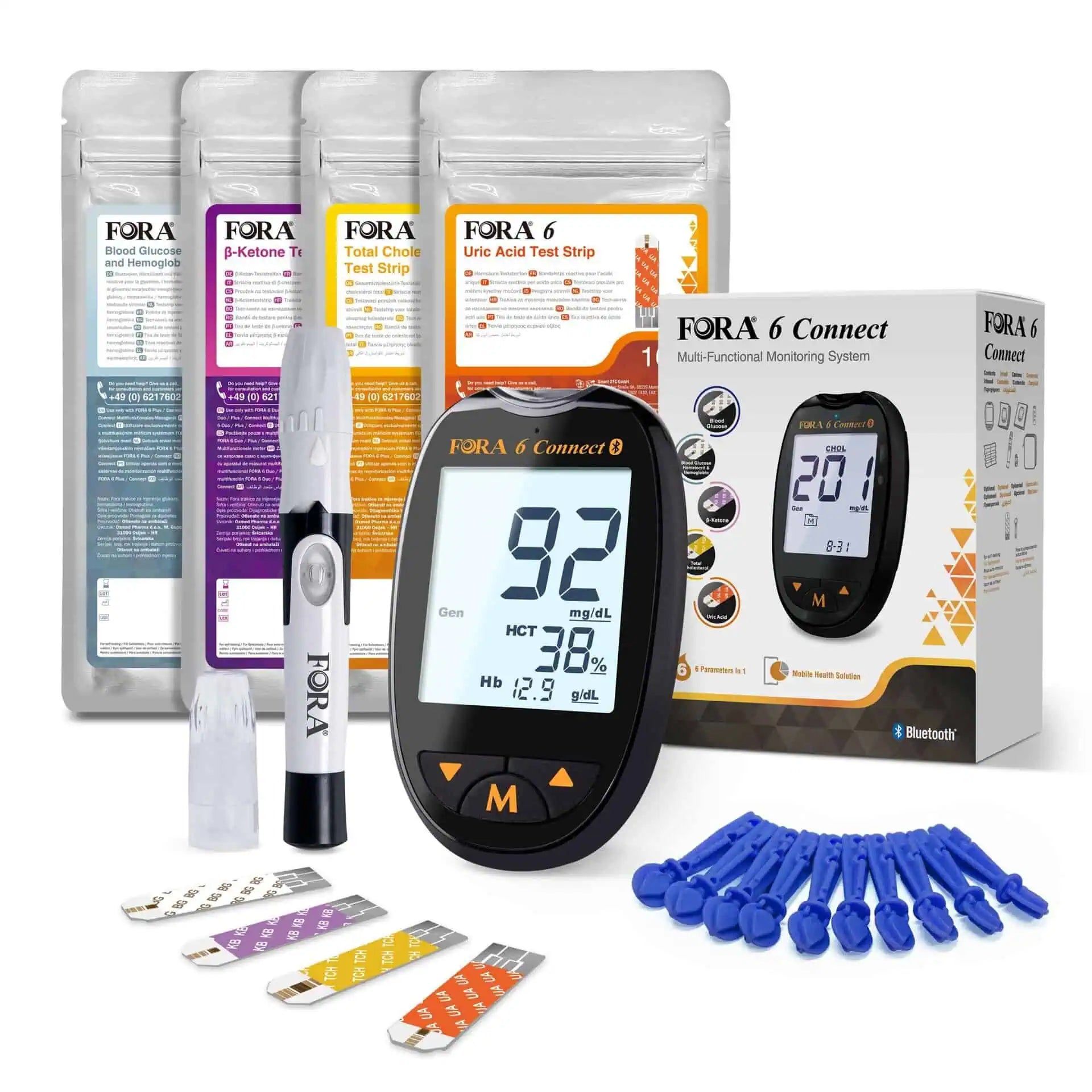 FORA 6 Connect multifunctioneel meetsysteem met teststrips voor glucose, keton, hematocriet, hemoglobine en urinezuur.