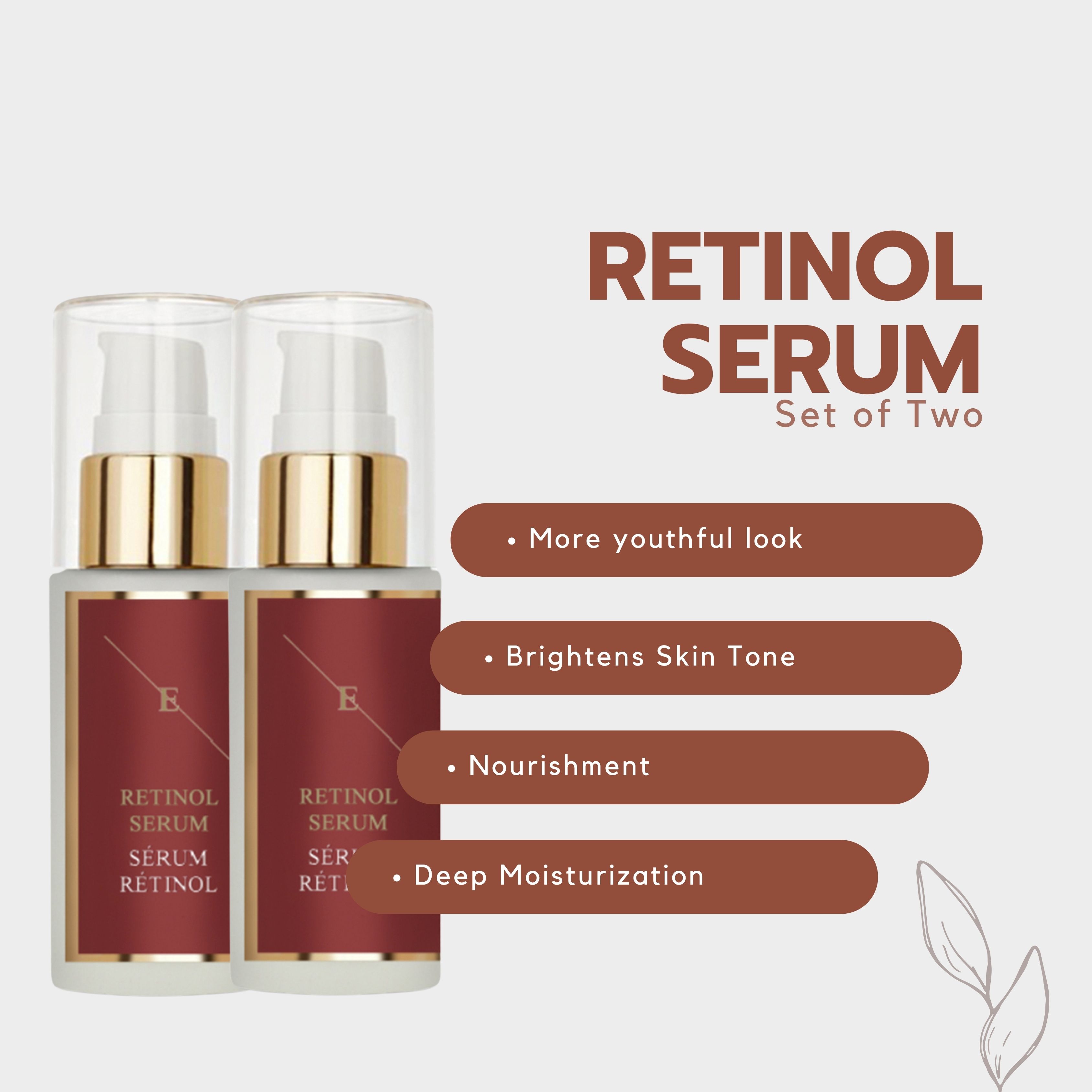 Deux flacons de sérum avec pompes. Étiquettes rouges avec texte blanc: RETINOL SERUM, RETINOL en dessous. Texte: Set of Two. Avantages sur barres brunes.