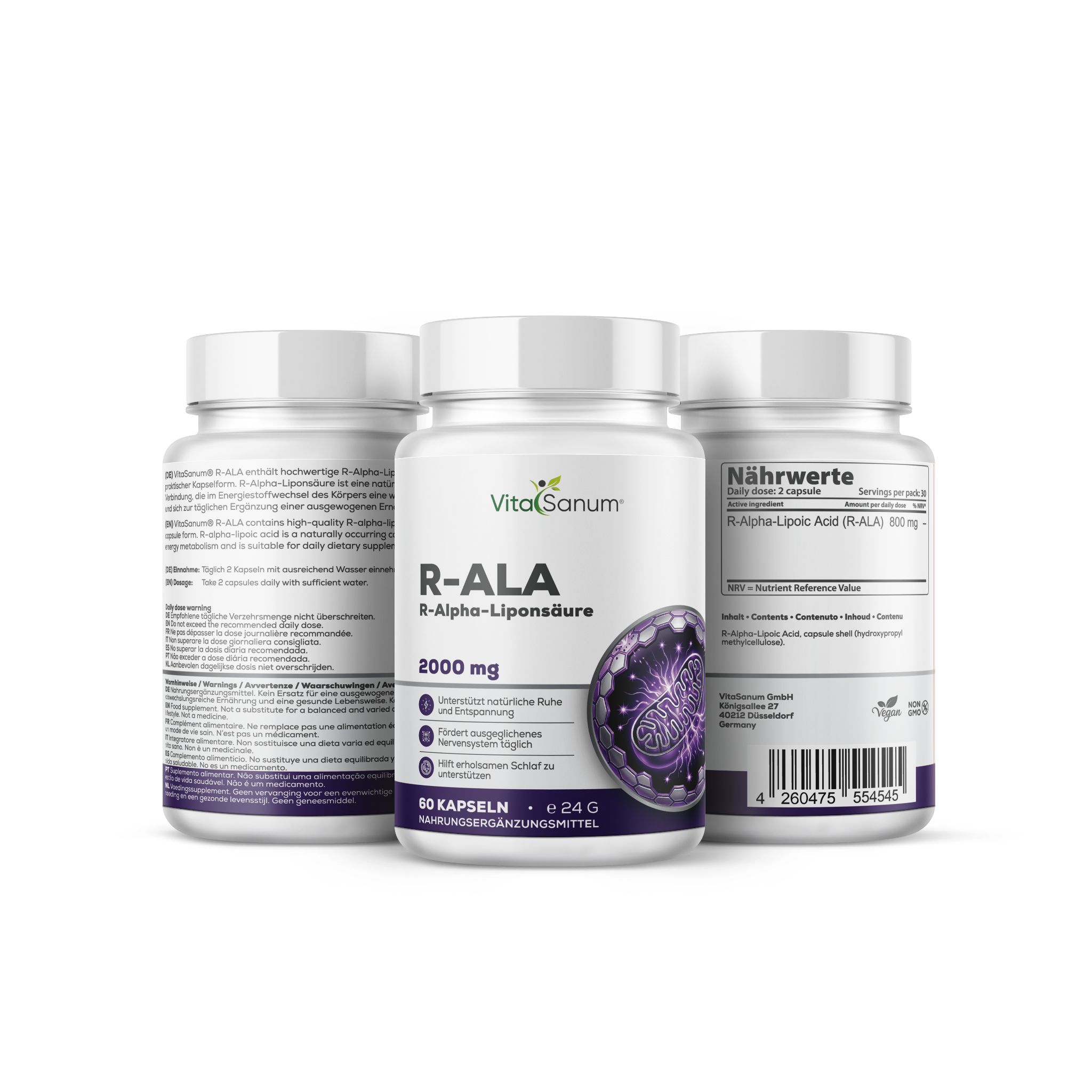 VitaSanum R-ALA R-Alpha-Liponzuur Capsules, 60 stuks, met etiket aan de achterkant.