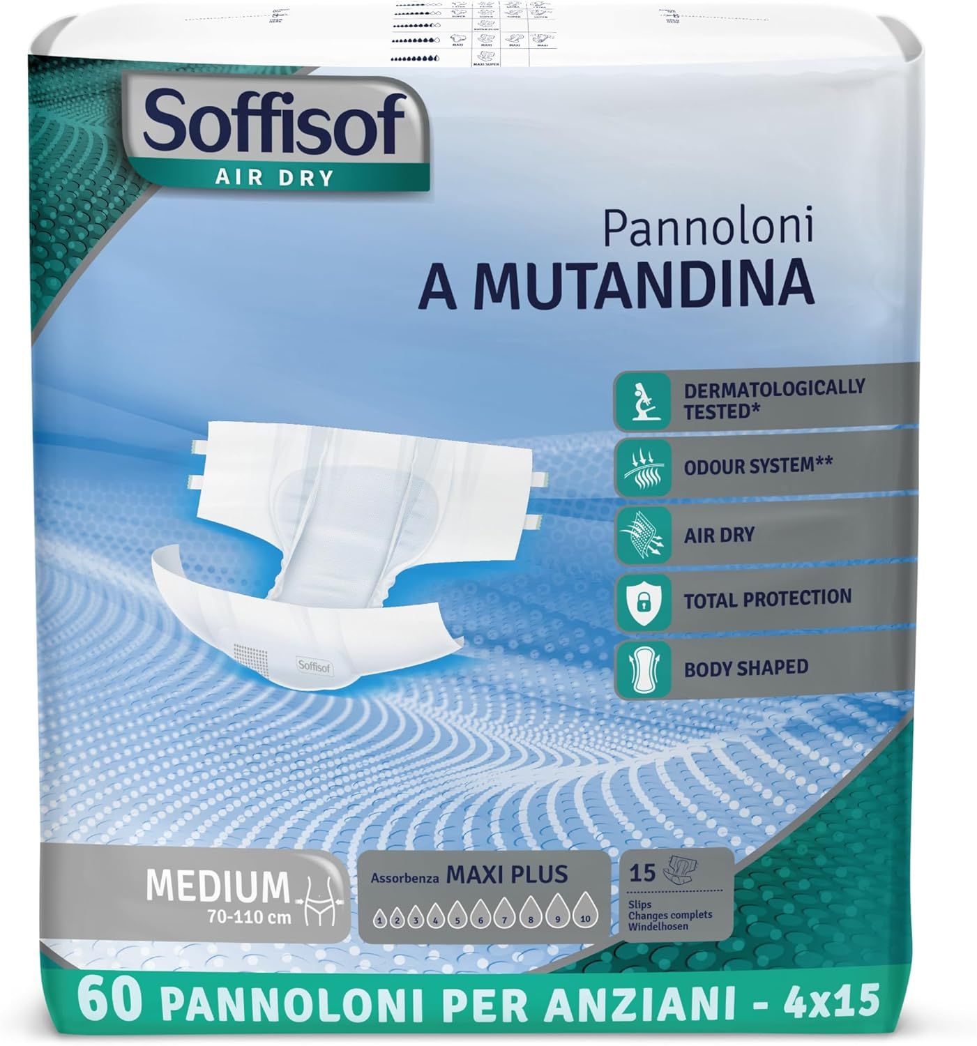 Soffisof Air Dry luiers. Verpakking van 60, maat Medium. Dermatologisch getest, geurcontrole.