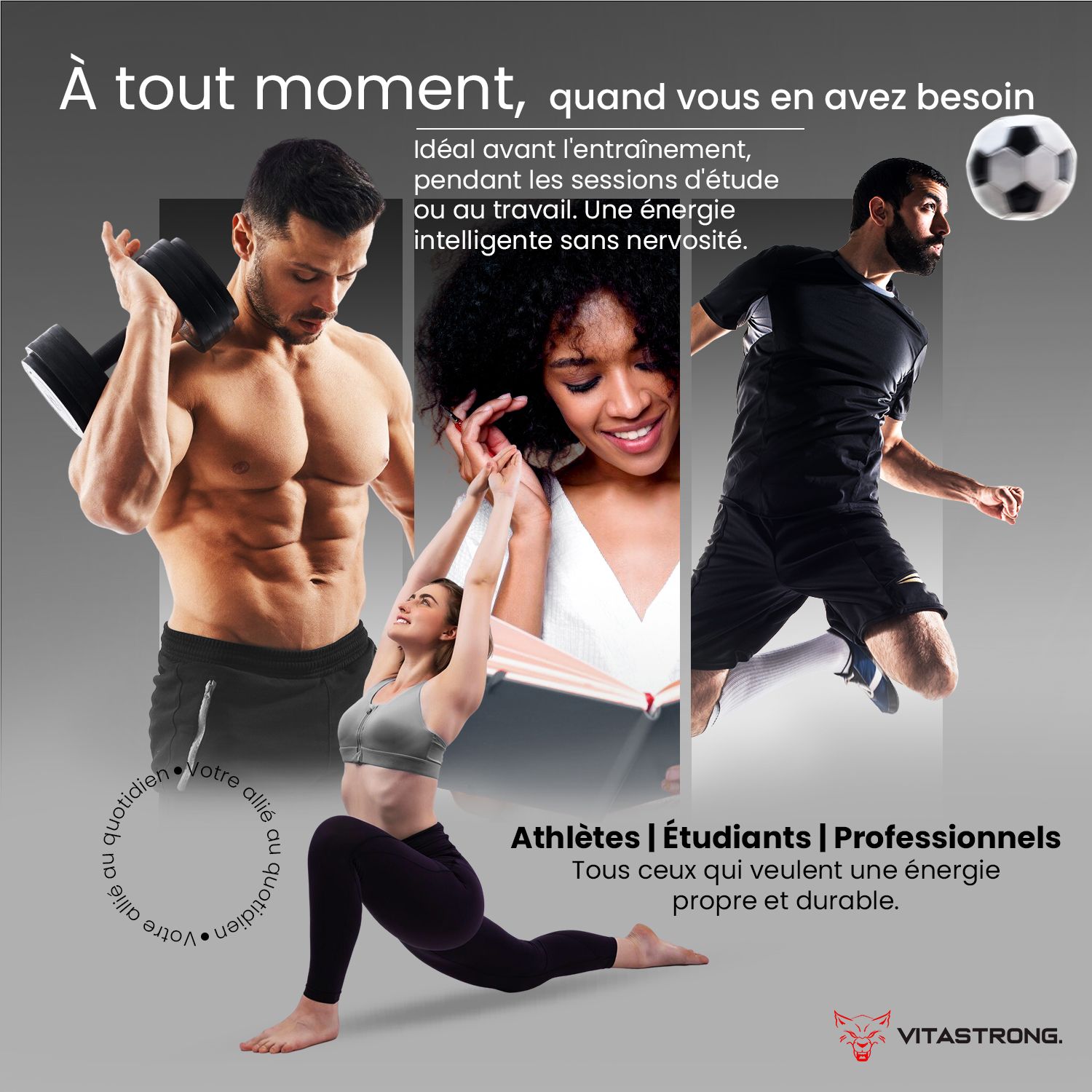 Image publicitaire avec athlètes et texte. Texte : Pour tous les jours. Athlètes, étudiants, pros.