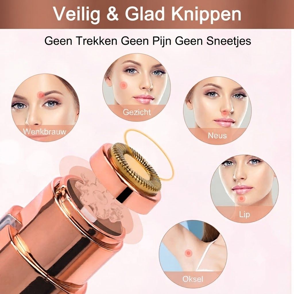 Roségouden ontharingsapparaat met roterende scheerkop, toont toepassingsgebieden op gezicht en oksels.