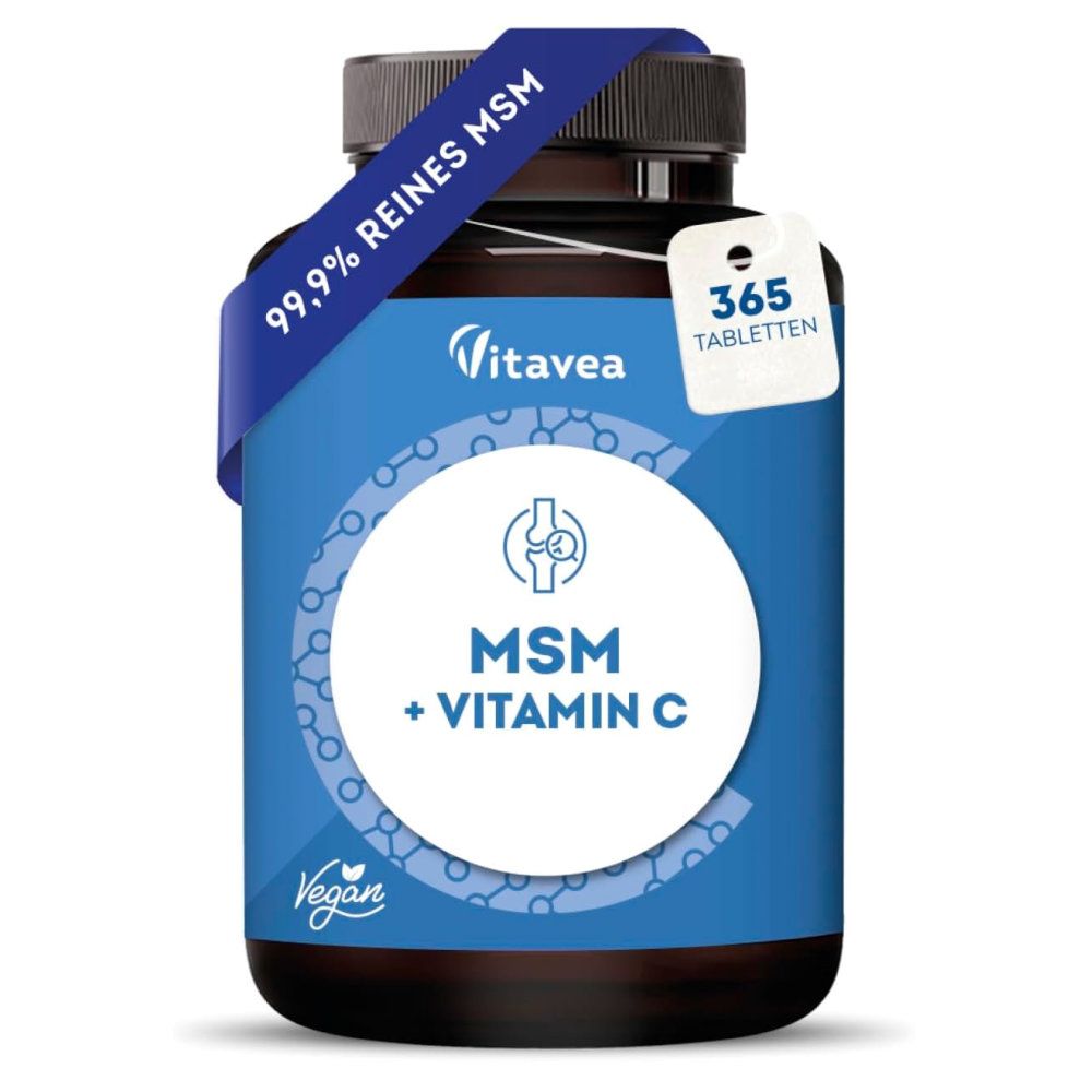 Flacon brun avec étiquette bleue. Contient MSM + Vitamine C. 99,9% MSM pur. 365 comprimés, végétalien.