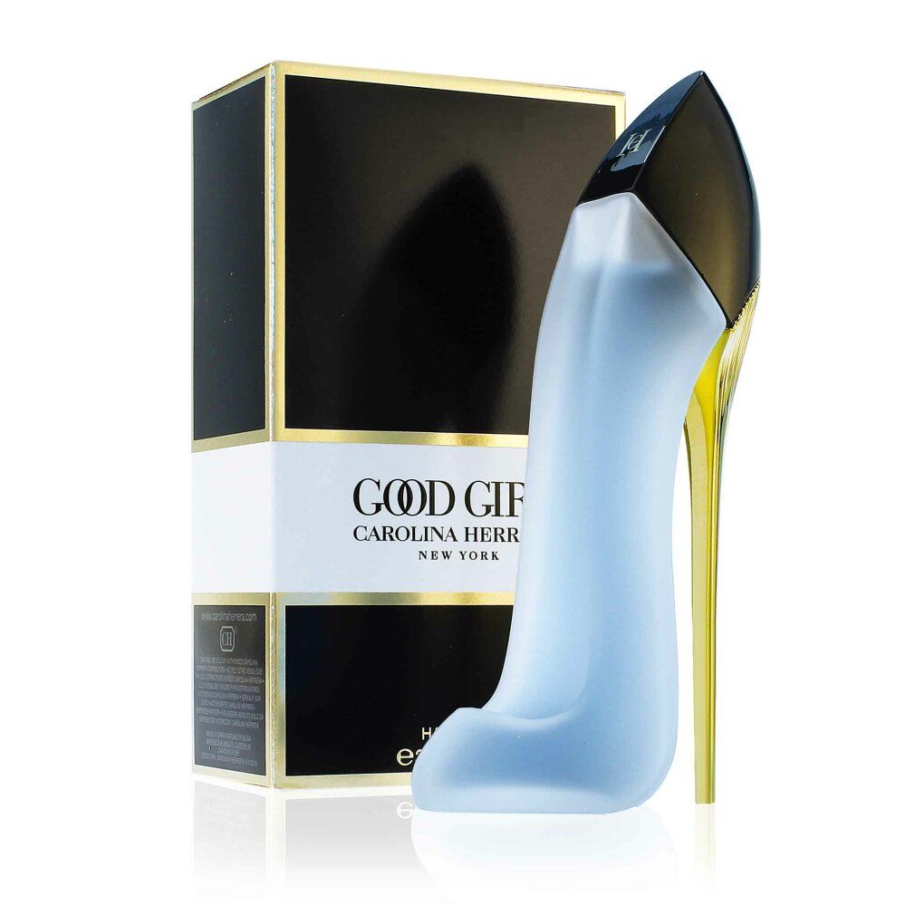 Lichtblauw parfum in de vorm van een pump, naast een zwarte doos met gouden accenten. Opschrift: Good Girl.