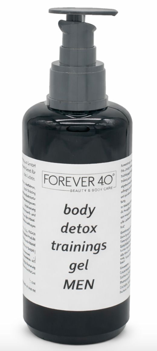 Zwarte fles met pomp. Label met "FOREVER 40", "body detox trainings gel MEN".