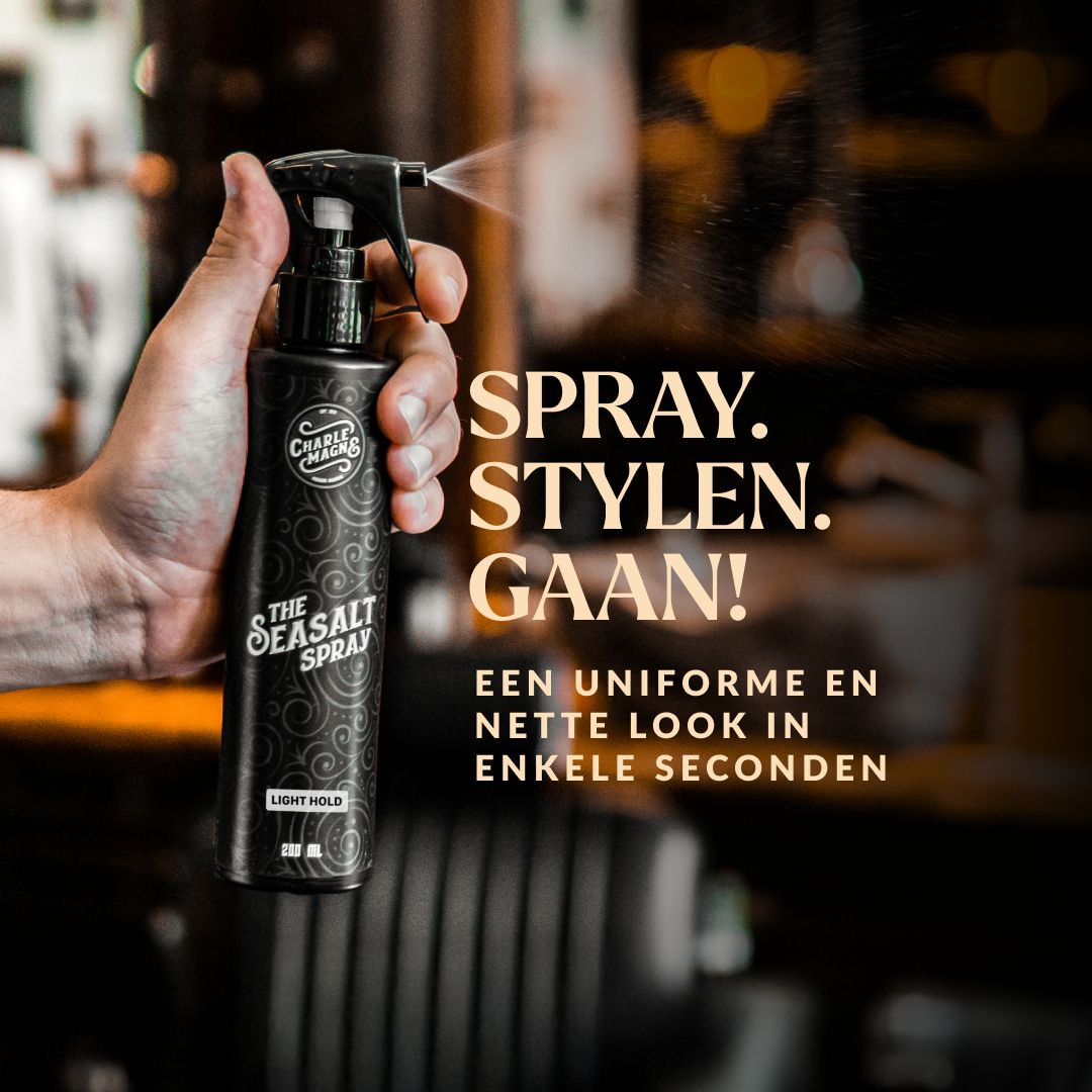 Zwarte sprayfles 'The Seasalt Spray', verrijkt met zeezout en citrus.