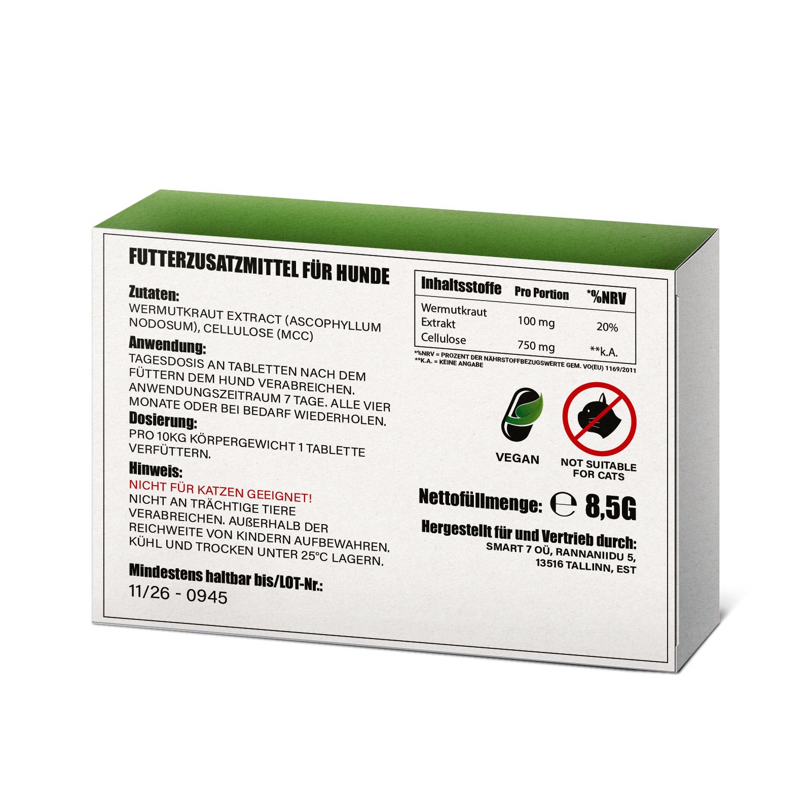 Boîte de complément alimentaire pour chiens. Ingrédients, mode d'emploi, dosage et avertissements en allemand. Label végétalien, pas pour chats.