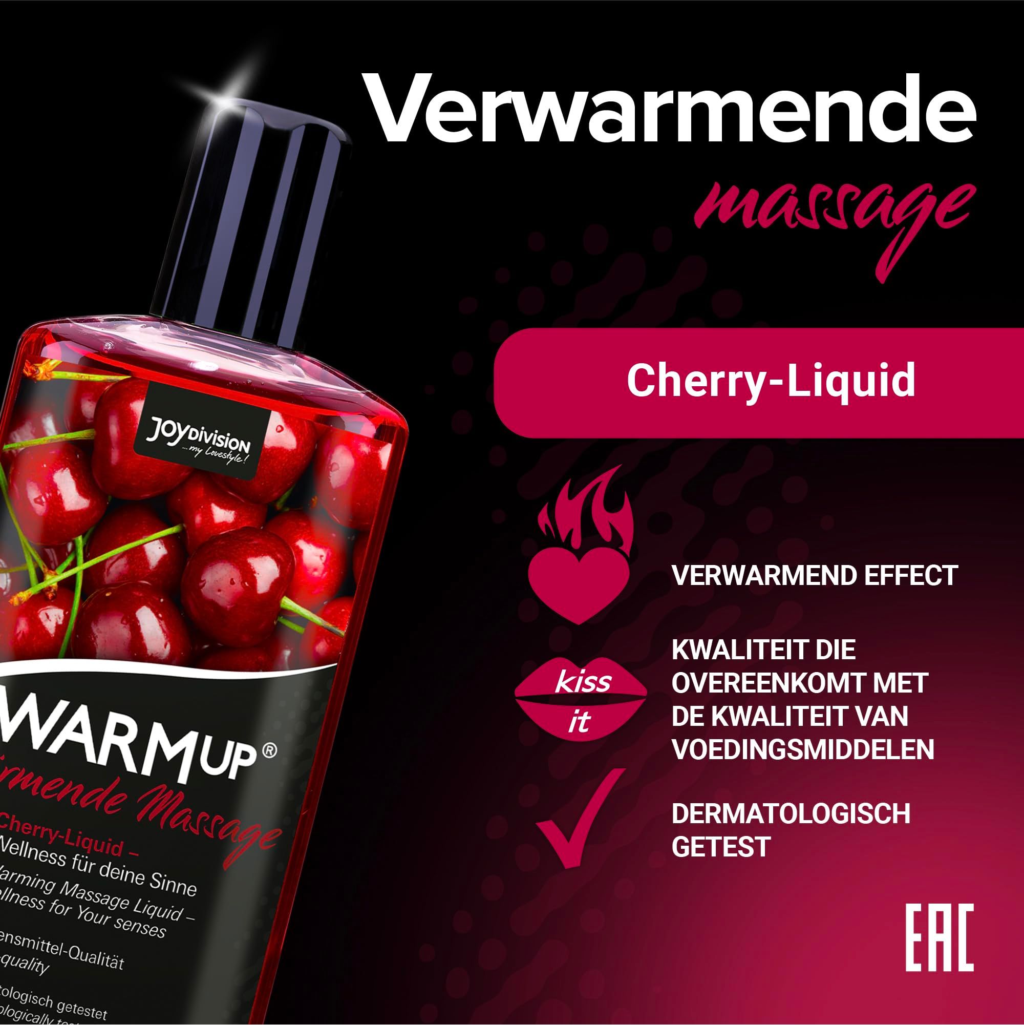 Fles kersenmassageolie, met kersen en spatten.