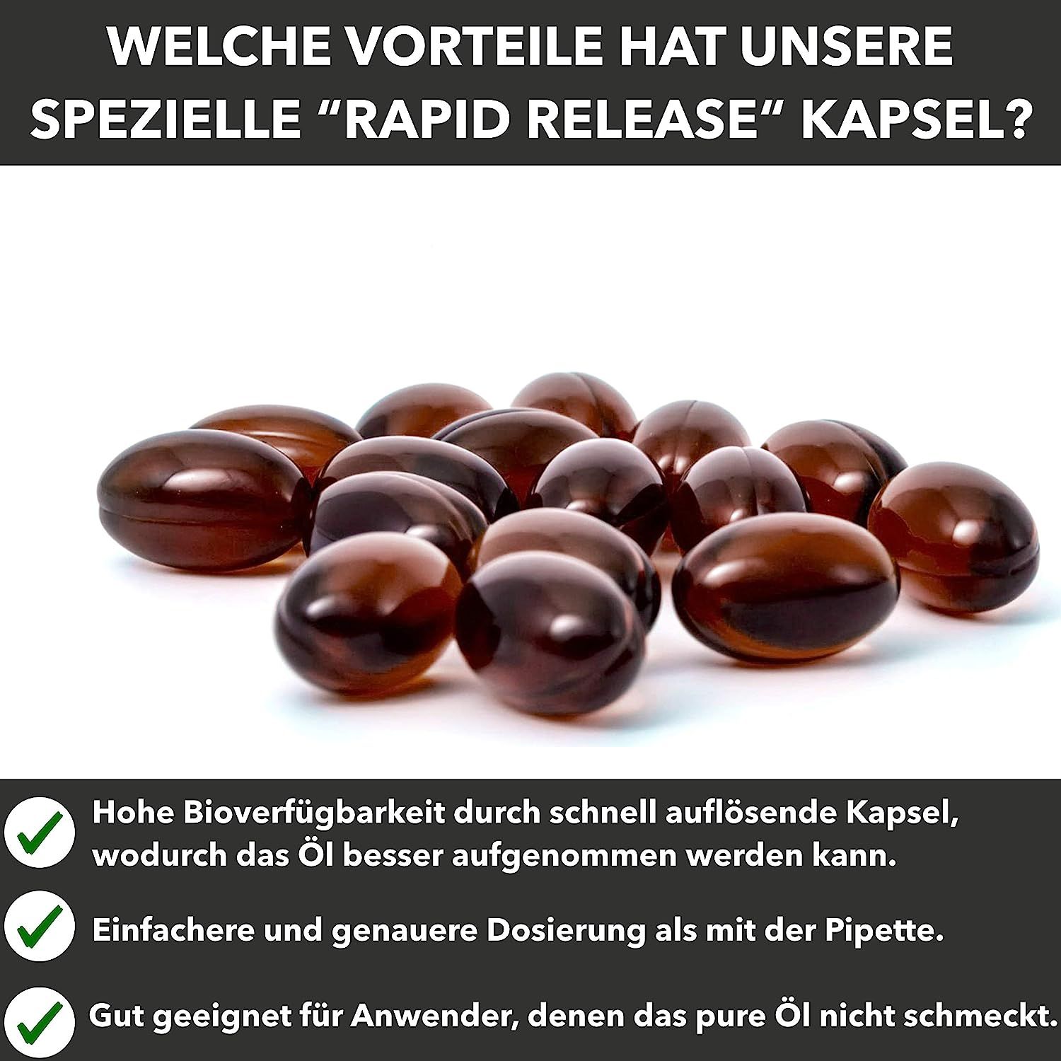 Bruine, ovale softgel capsules. Tekst: Voordelen van de Rapid Release capsules: Hoge biologische beschikbaarheid, gemakkelijker doseren, geschikt voor gebruikers.