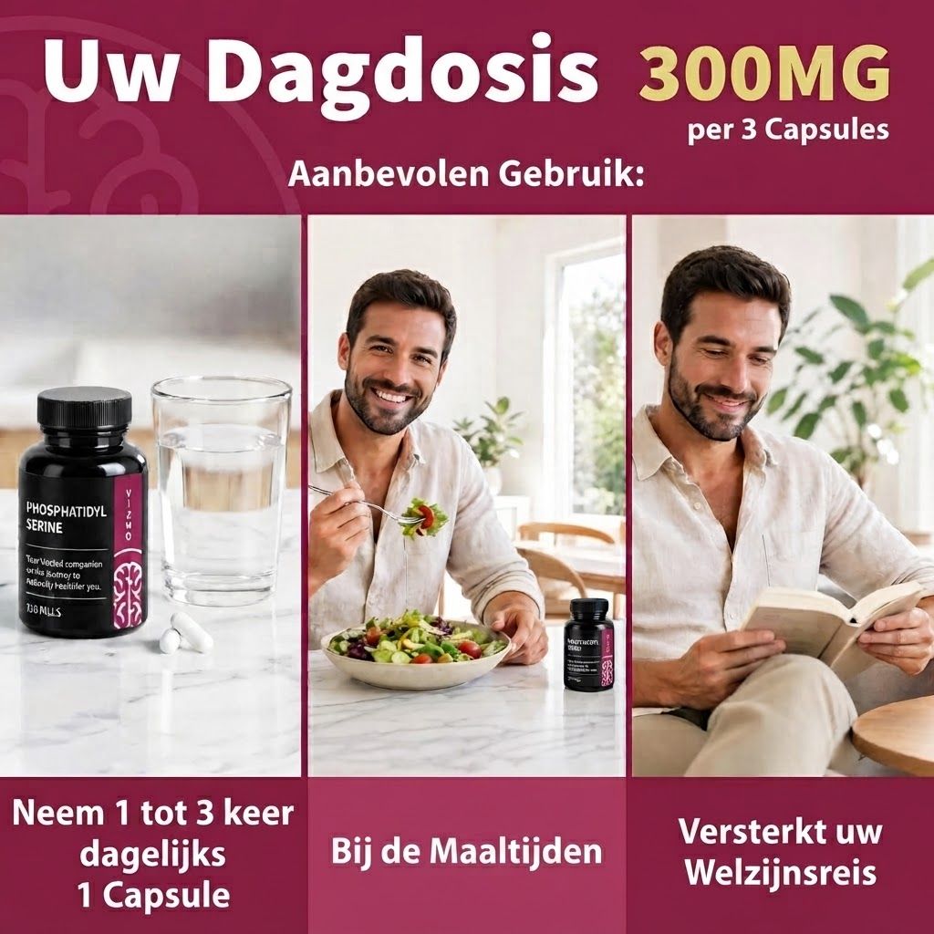 Zwarte fles met Phosphatidyl Serine etiket, naast een glas water en capsules.