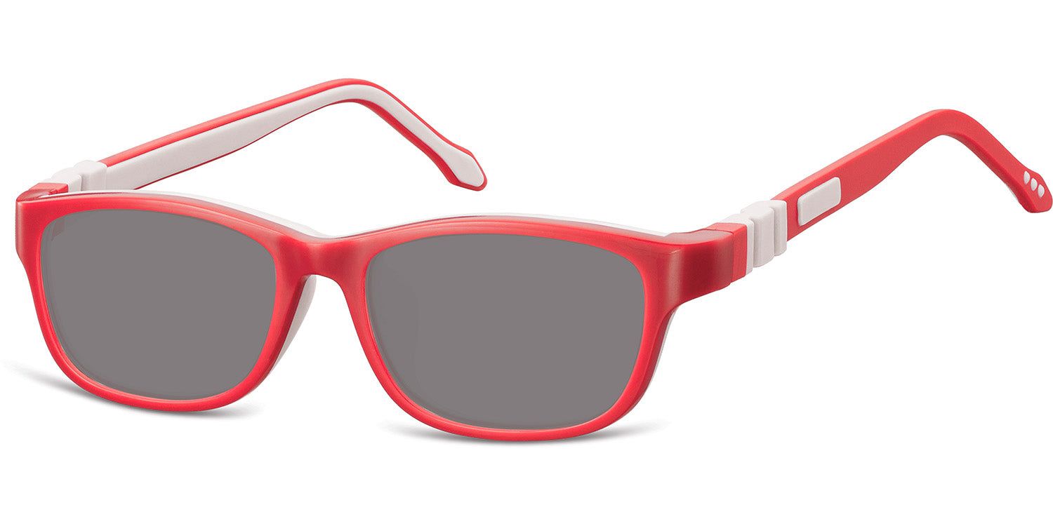 Lunettes de soleil rouges avec verres gris et extrémités de branches blanches. Forme rectangulaire. Vue détaillée.